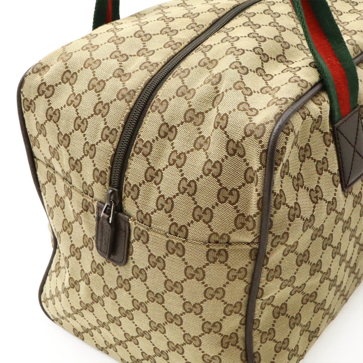 Gucci Gg Canvas Sherry Line Boston Bag Shoulder Leather Khaki Beige Red Green 153240