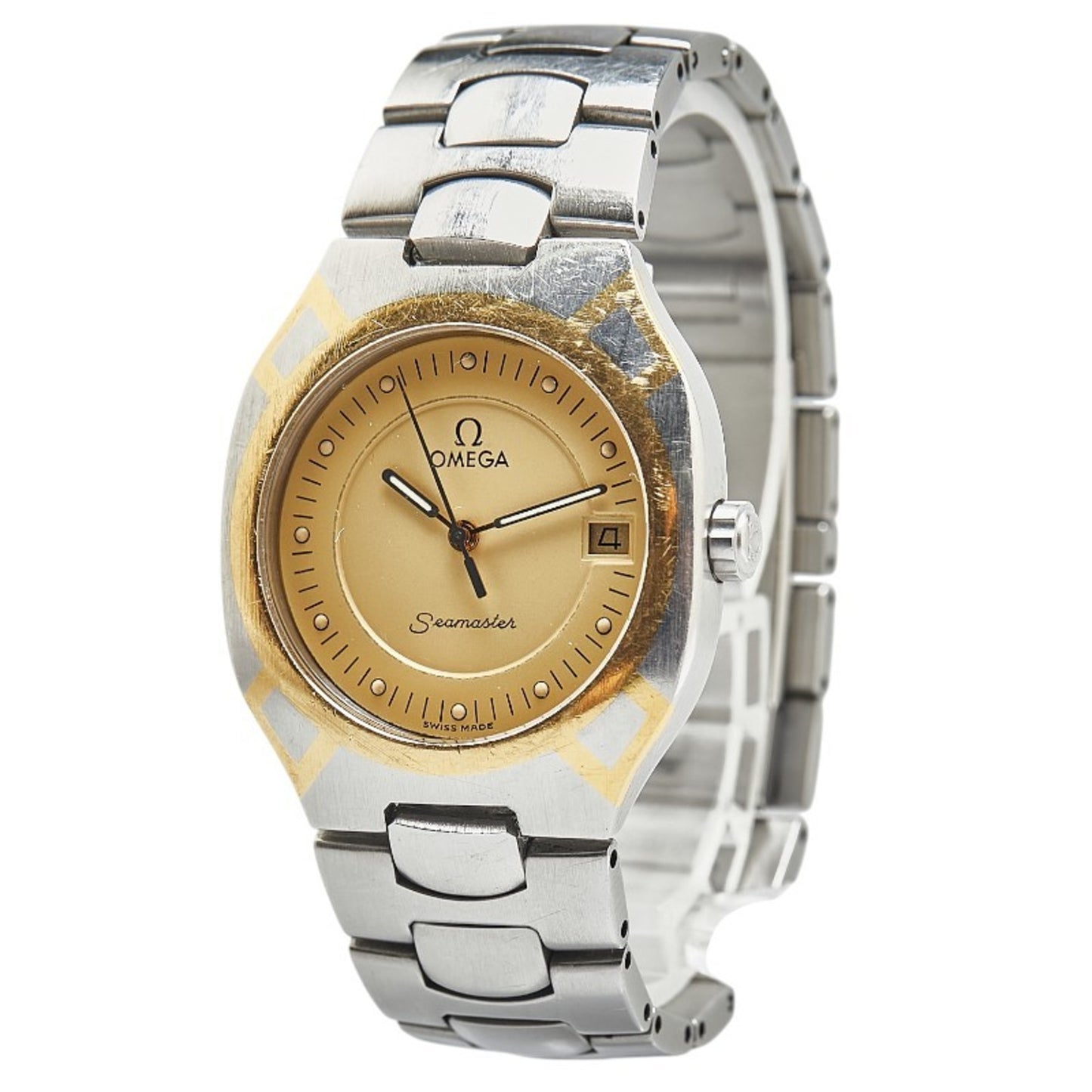 Omega Seamaster Polaris Watch Quartz Gold Dial Stainless Steel Yellow