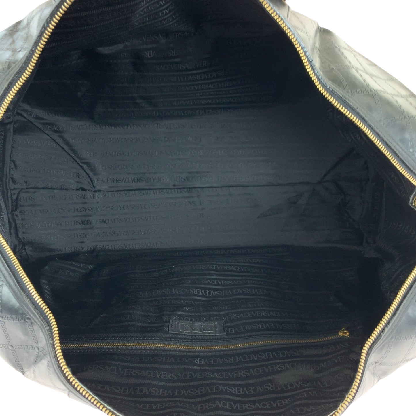 Versace Vintage Sunburst Black Gold Hardware Leather Boston Bag Handbag