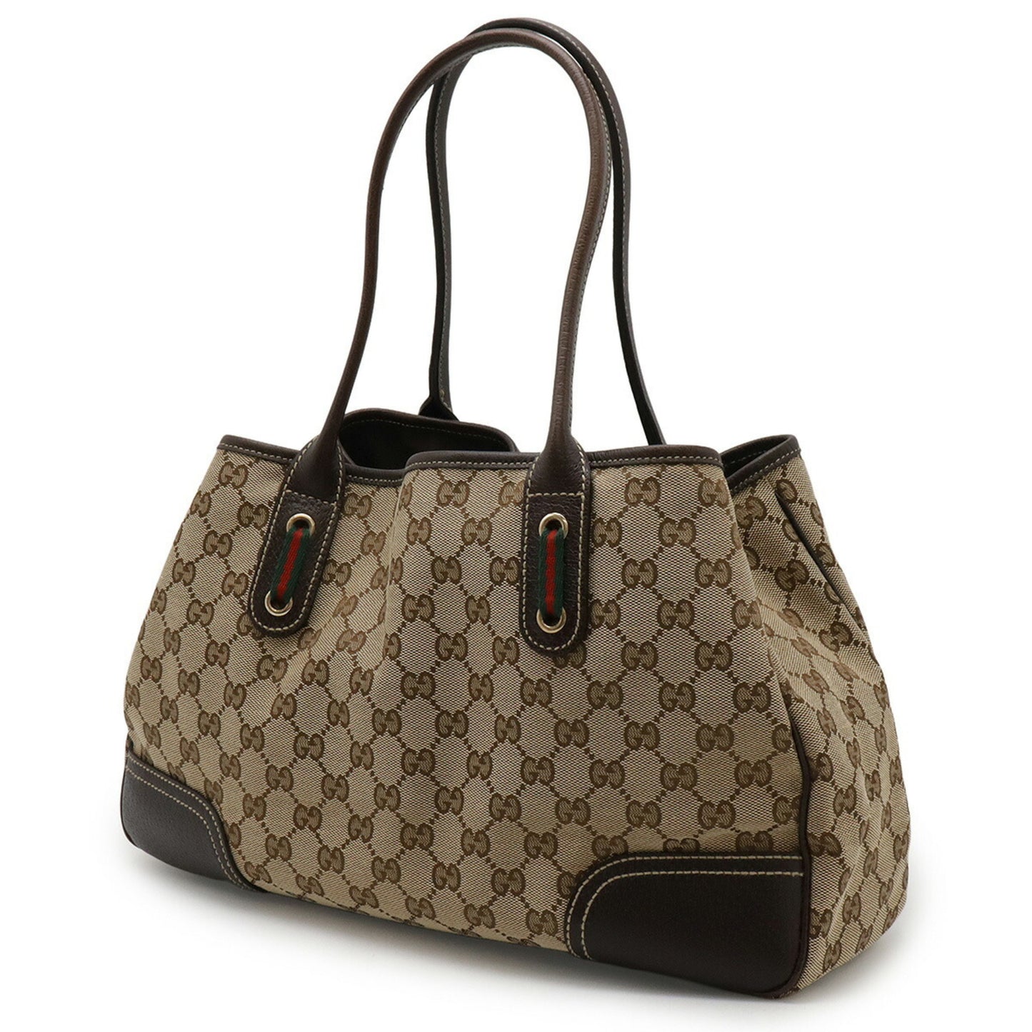 Gucci Gg Canvas Princess Line Ribbon Tote Bag Shoulder Leather Khaki Beige Dark Brown 163805