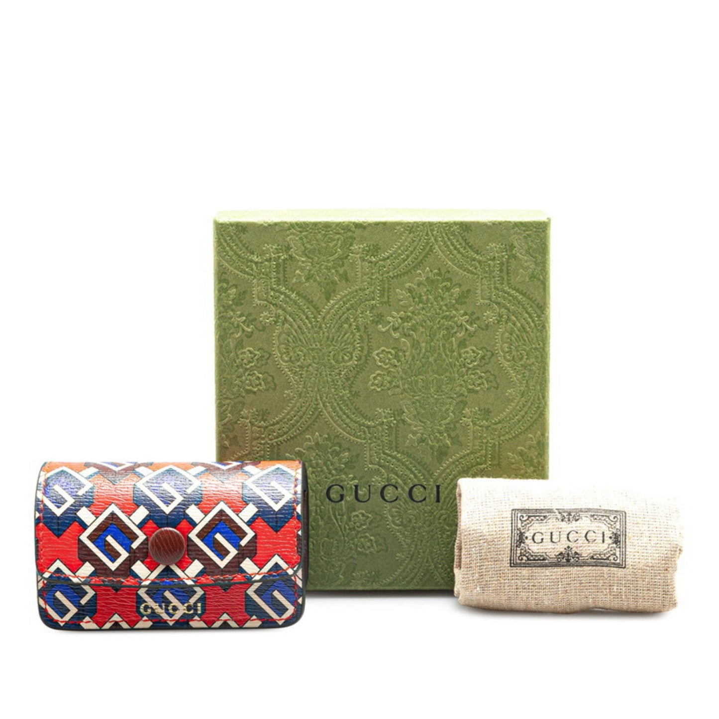 Gucci Geometric G Etiquette Holder Keychain 692957 Red Multicolor Leather