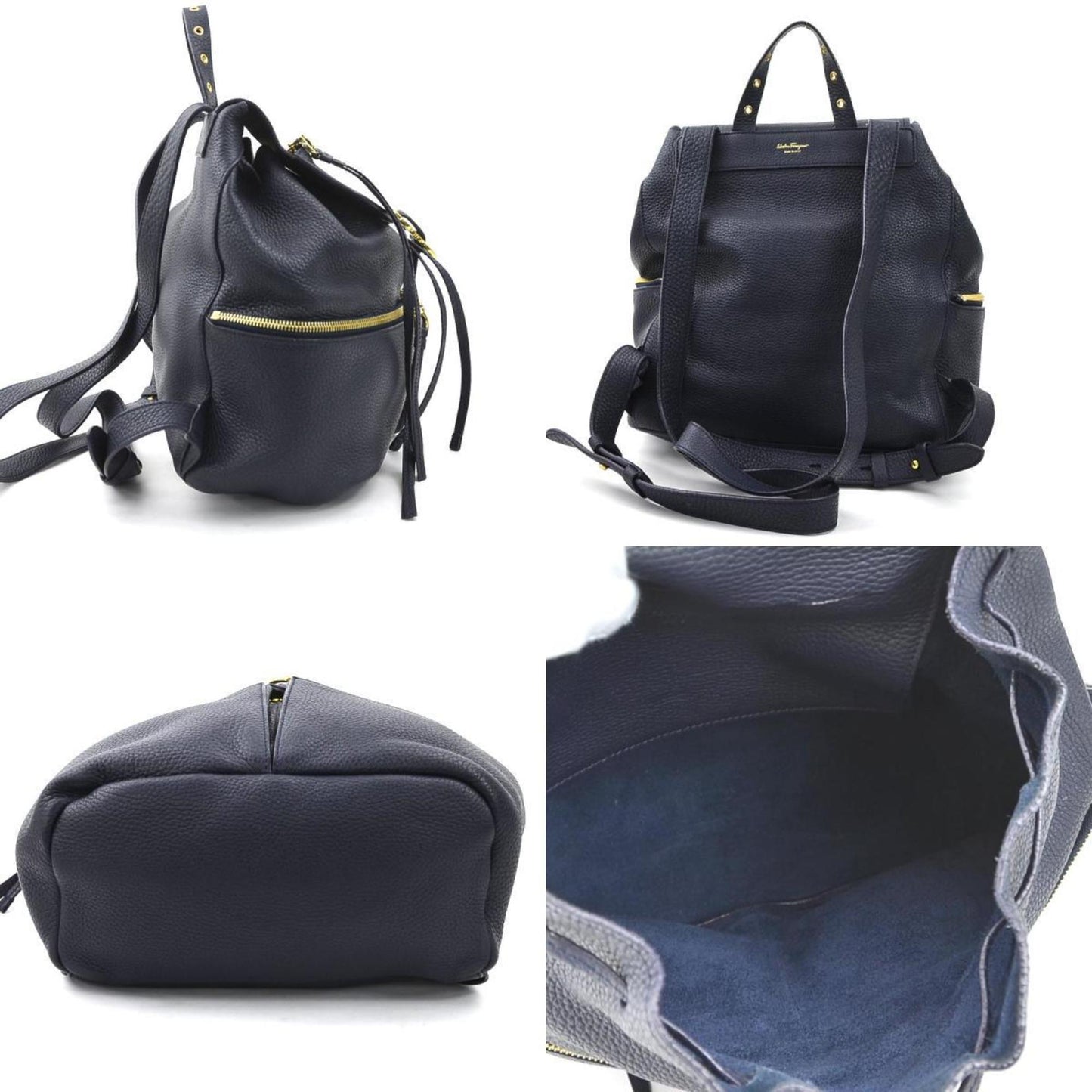 Salvatore Ferragamo Backpack Gancini Leather Navy Gold