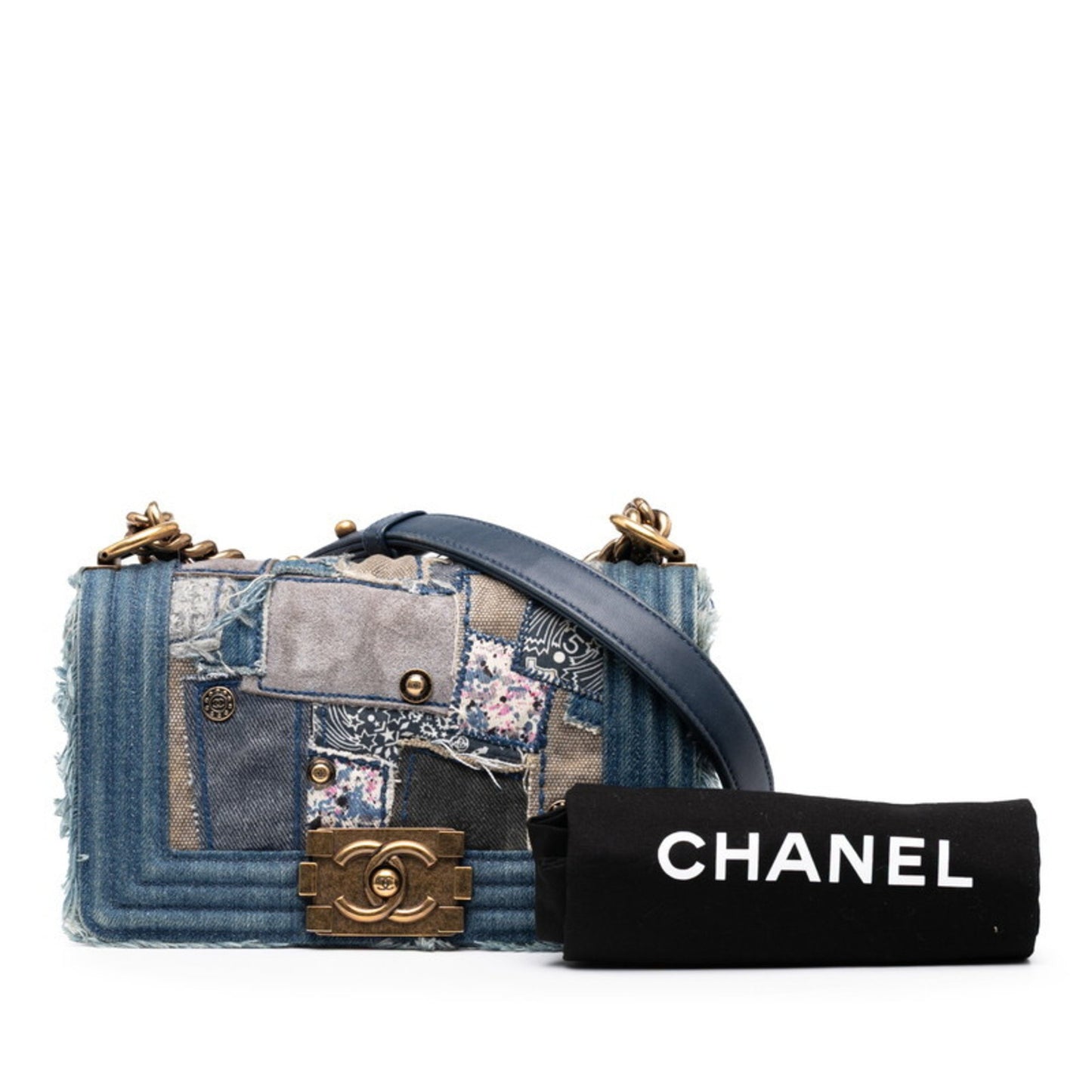 Chanel Boy Chanel Patchwork Chain Shoulder Bag Blue Gold Denim