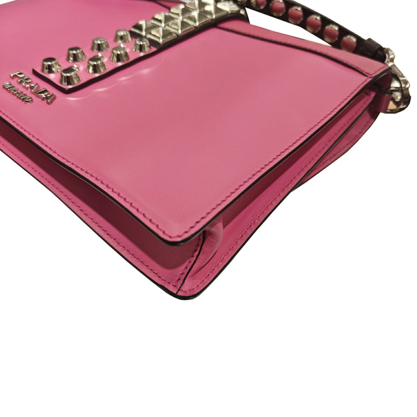 Prada Elektra 1Bd120 Electra Bag Studded Shoulder Crossbody Calf Leather Saffiano Pink Black