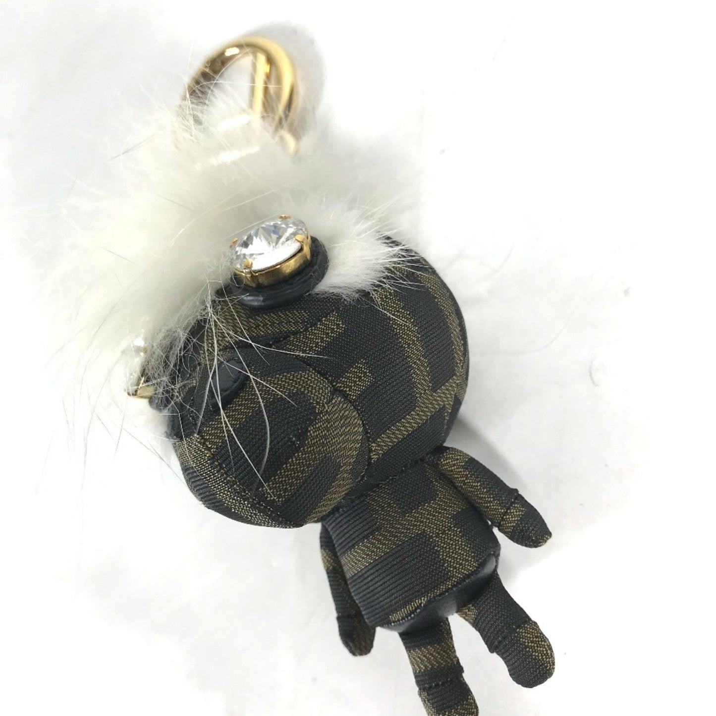 Fendi Fendi Fur Rhinestone Zucca Logo Monster Space Monkey Keychain Bag Charm Canvas