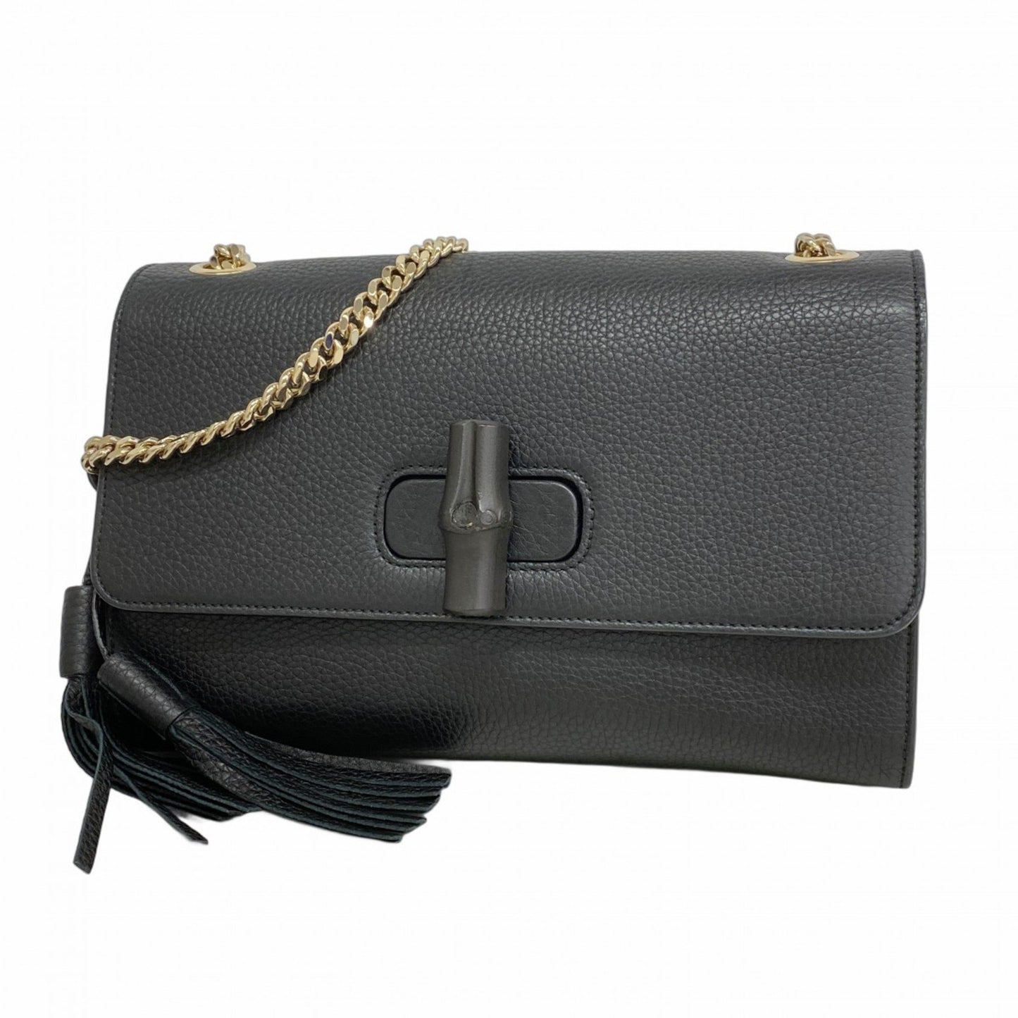 Gucci Bamboo Shoulder Bag 387611 Leather Black Champagne