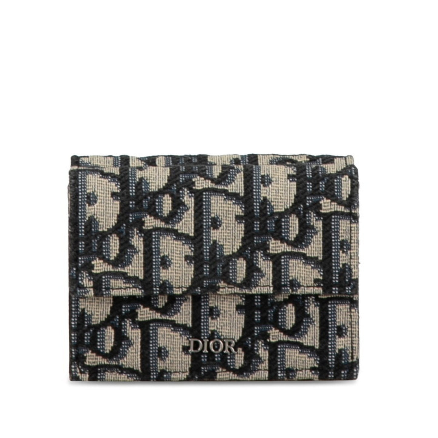 Christian Dior Dior Oblique Tri-Fold Wallet Navy Beige Canvas Leather