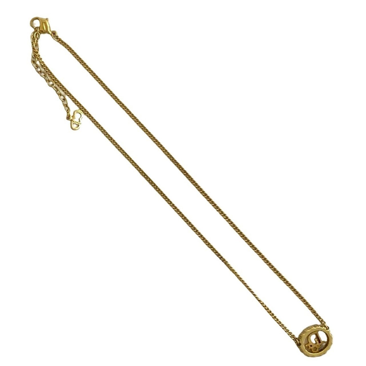 Christian Dior Logo Motif Rhinestone Necklace Pendant Accessory Gold 08878