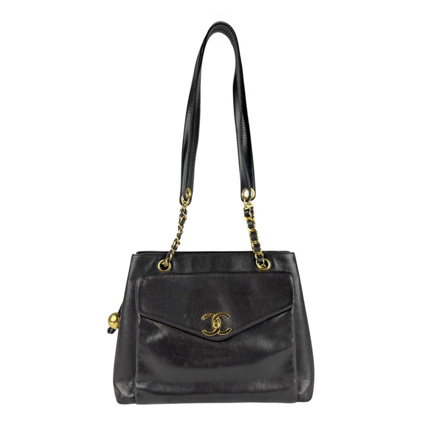 Chanel Shoulder Bag Leather Metal Black Gold