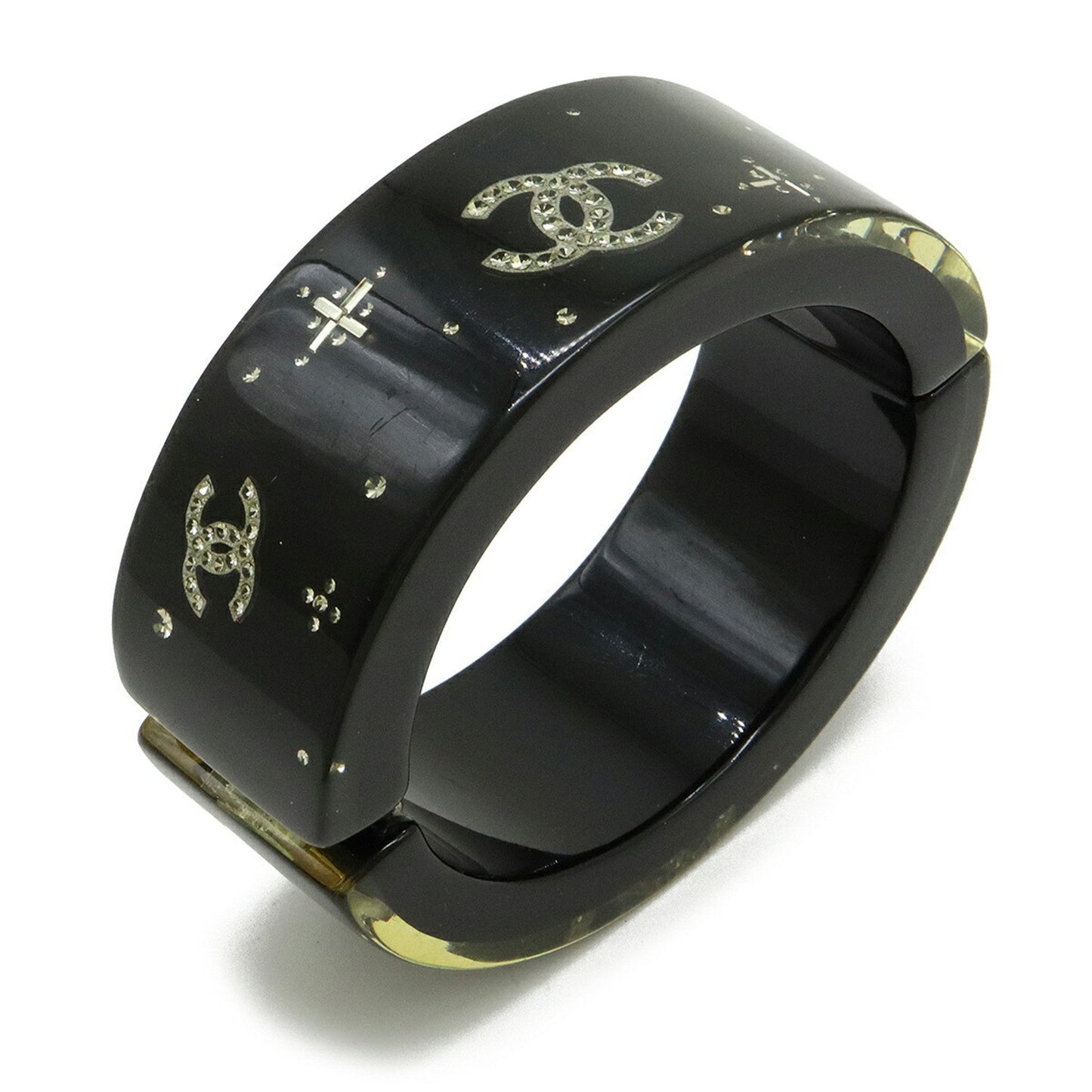 Chanel Bangle Bracelet Coco Mark Rhinestone Resin Black 07 A
