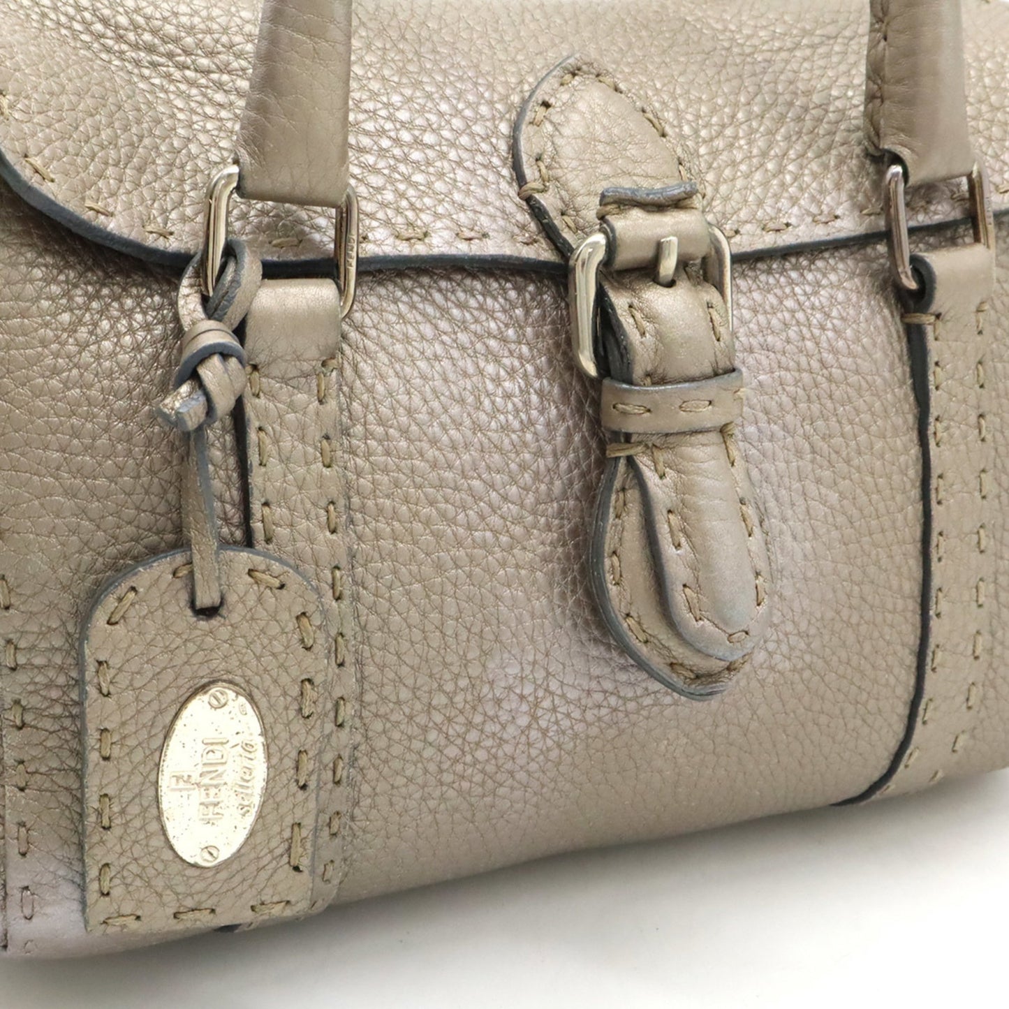 Fendi Selleria Mini Linda Handbag Metallic Leather Champagne Silver 8Br486