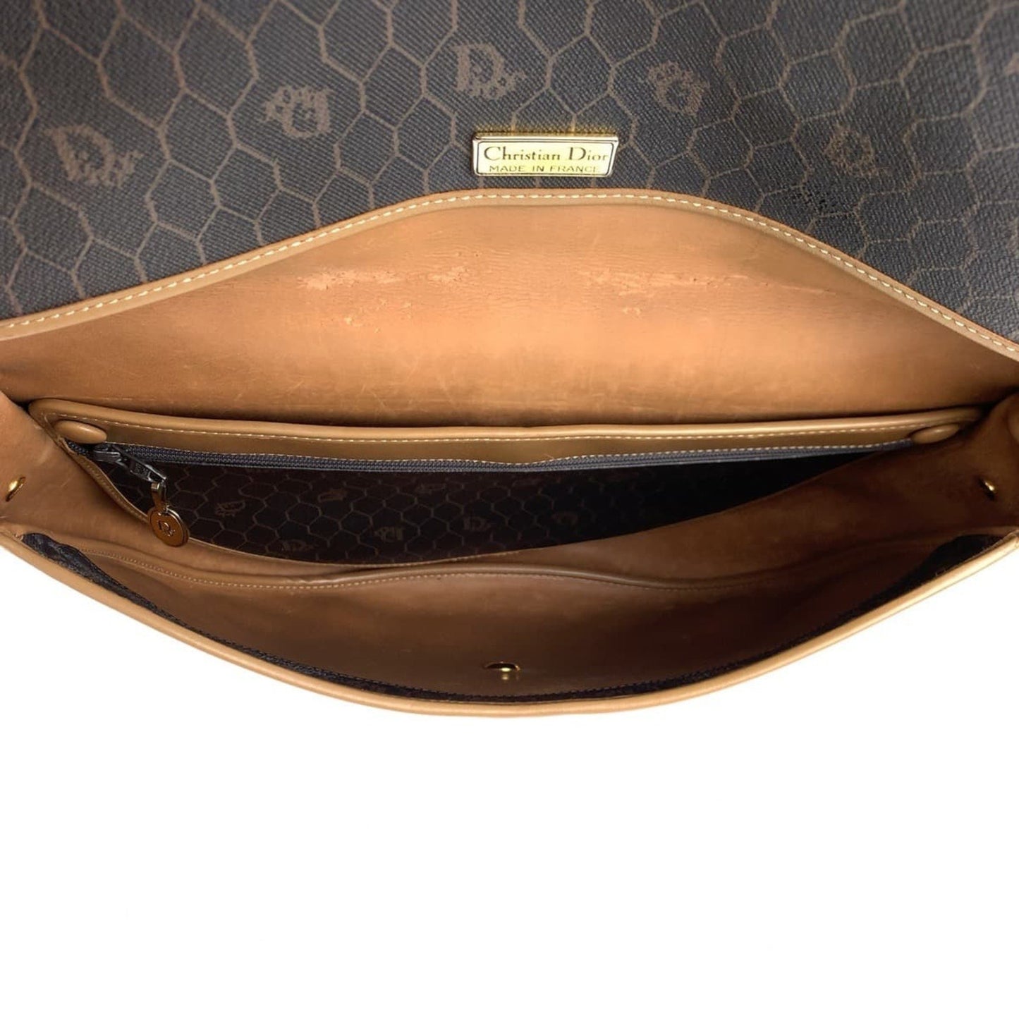 Christian Dior Vintage Honeycomb Pattern Brown Gold Hardware Leather Shoulder Bag Pochette