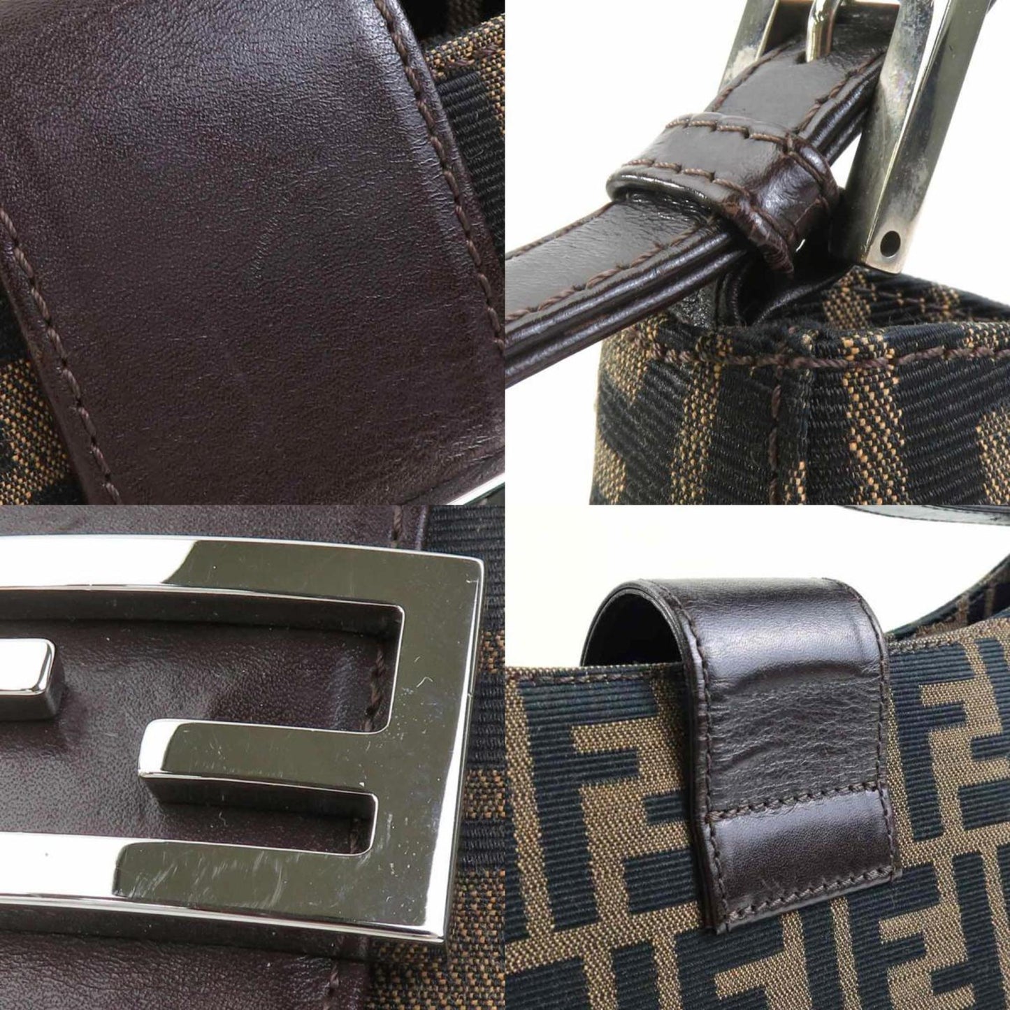 Fendi Shoulder Bag Zucca Canvas Leather Brown Silver