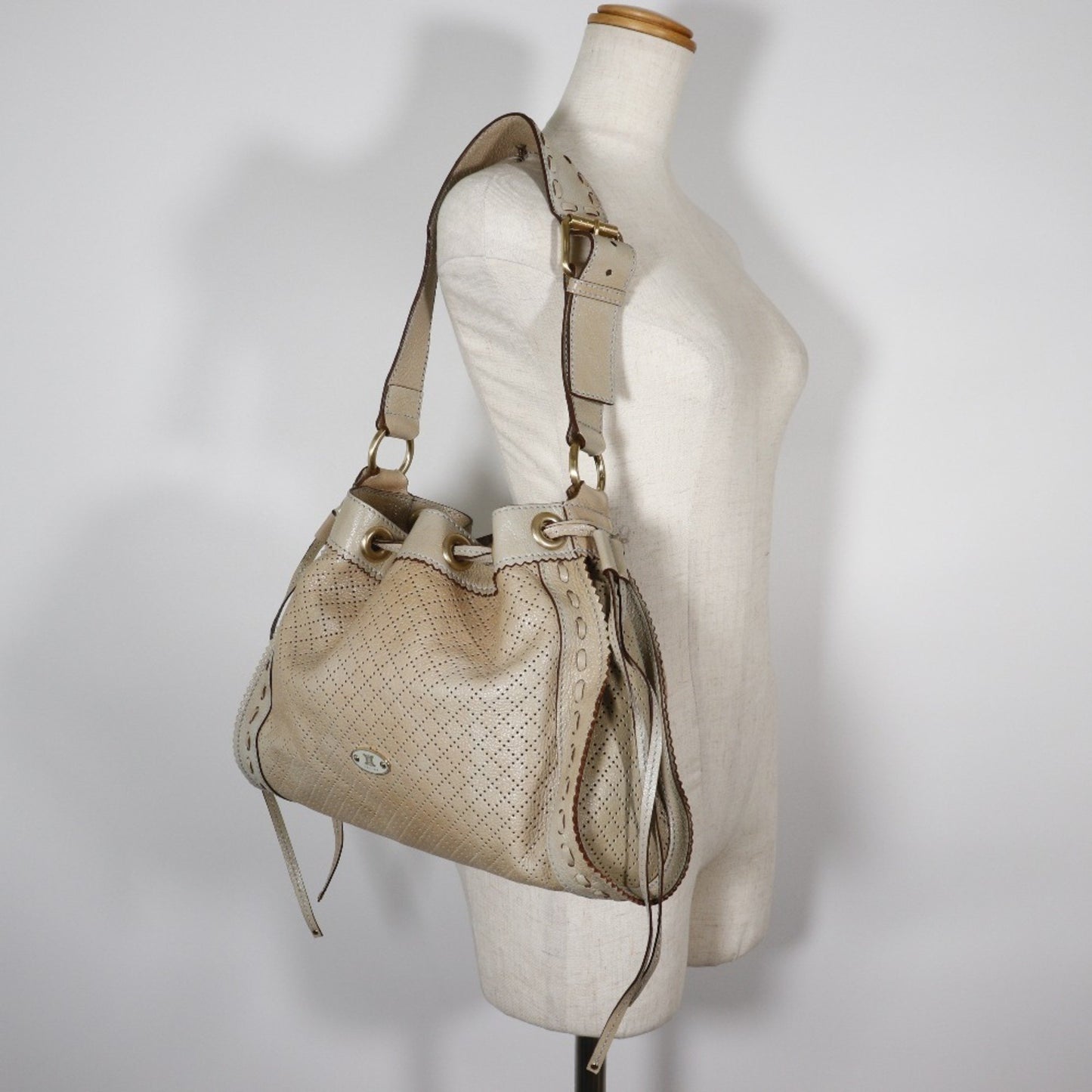 Celine Shoulder Bag Punching Calf Beige Purse