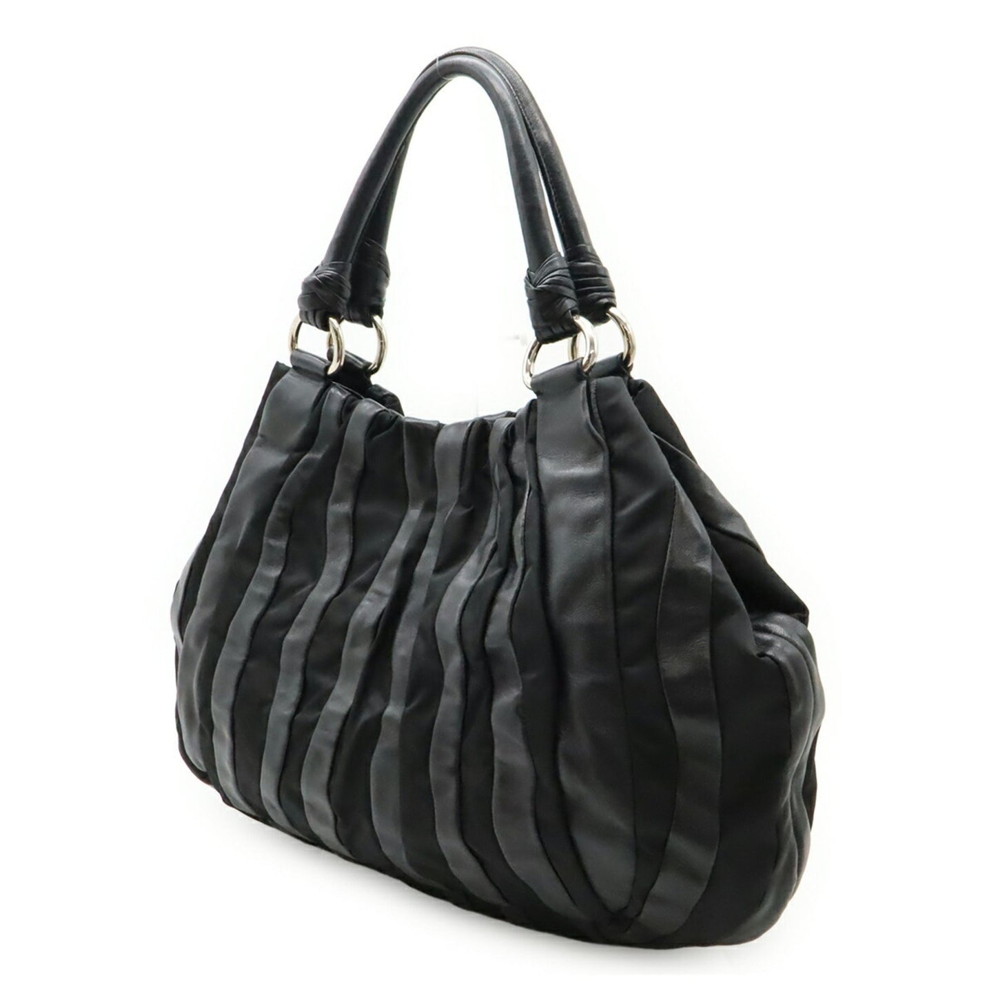 Prada Crimson Stripe Handbag Tote Bag Nylon Leather Nero Black Br3994