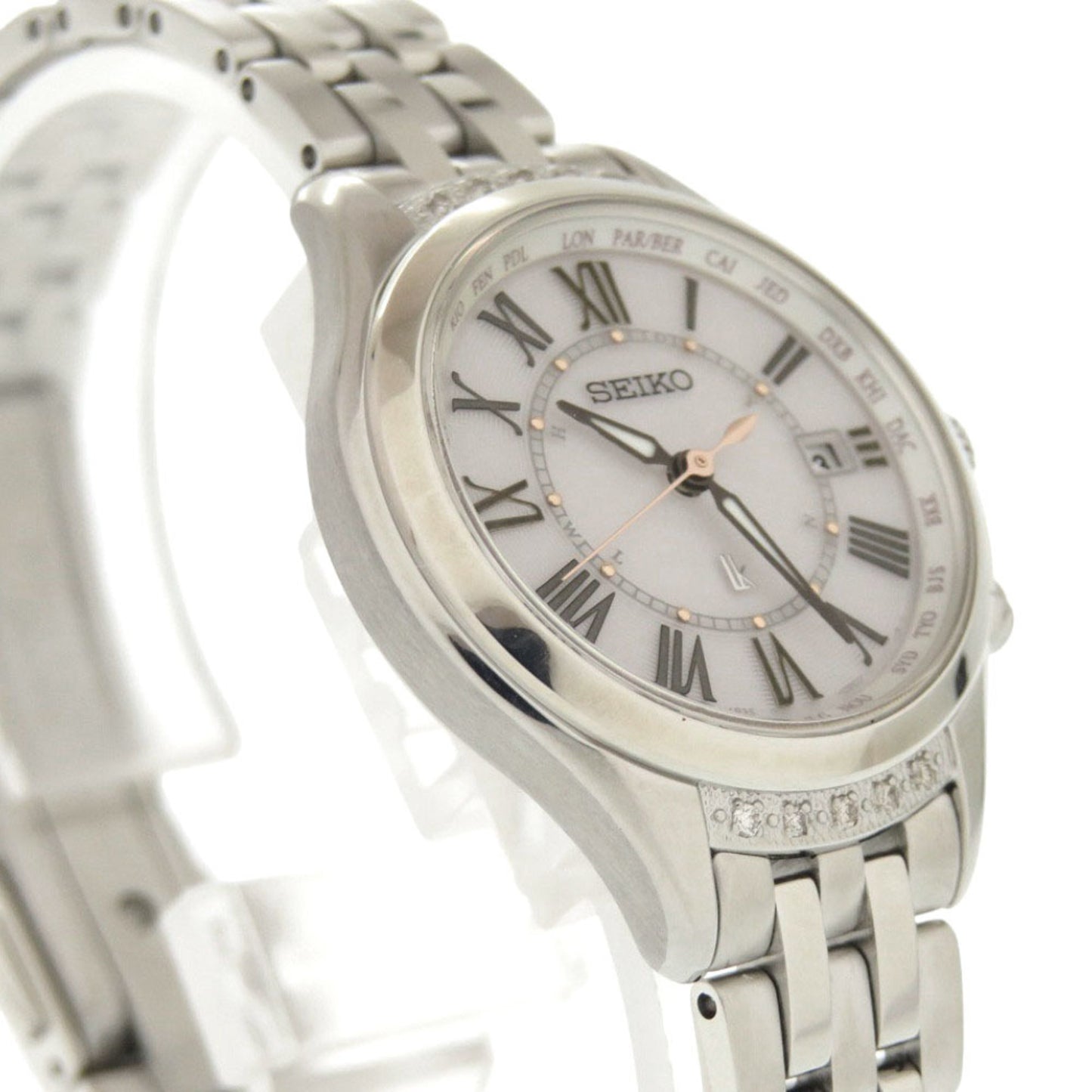 Unused Seiko Lucia Ssvv053 Ss Mocha Pink Solar Radio Wristwatch Silver 0040Seiko