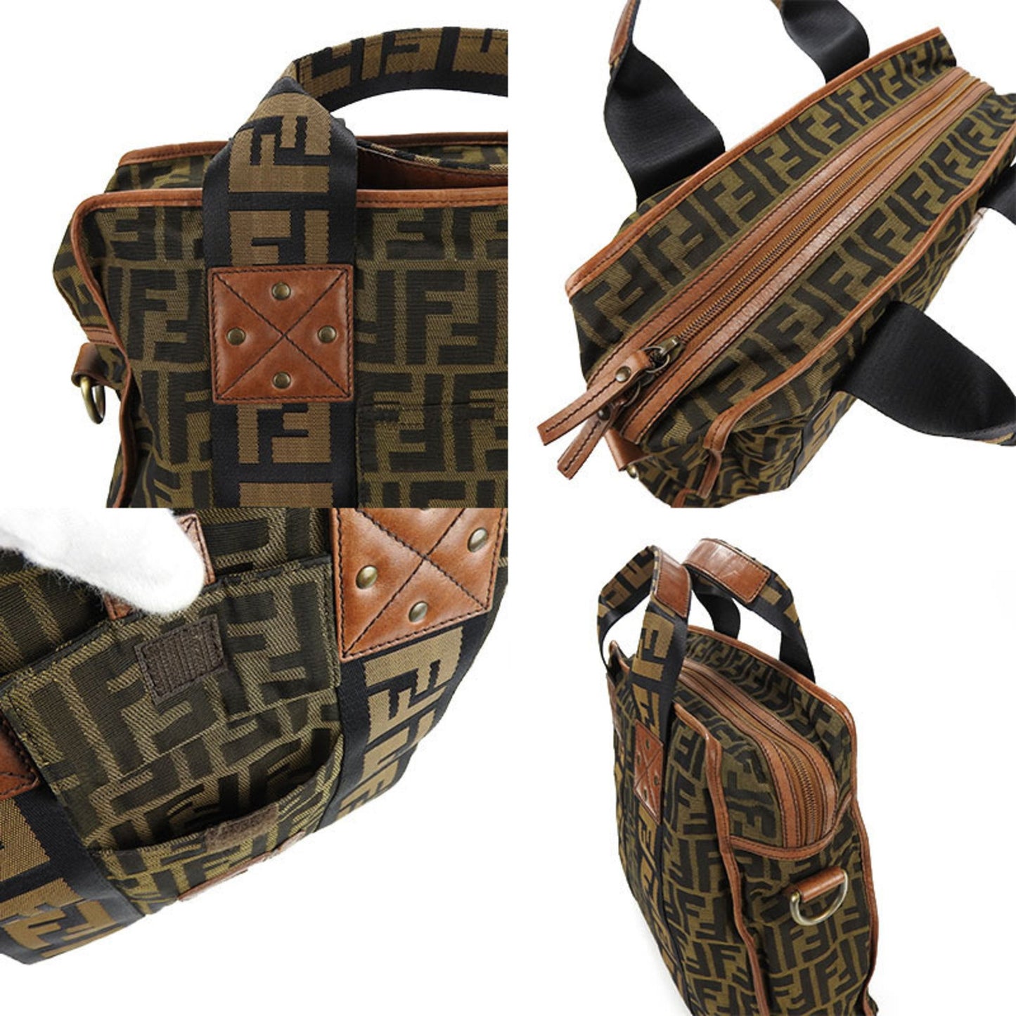 Fendi 7Va158 2Way Handbag Zucca Shoulder Nylon Leather Gold Hardware 2Way Hand Bag Canvas Brown