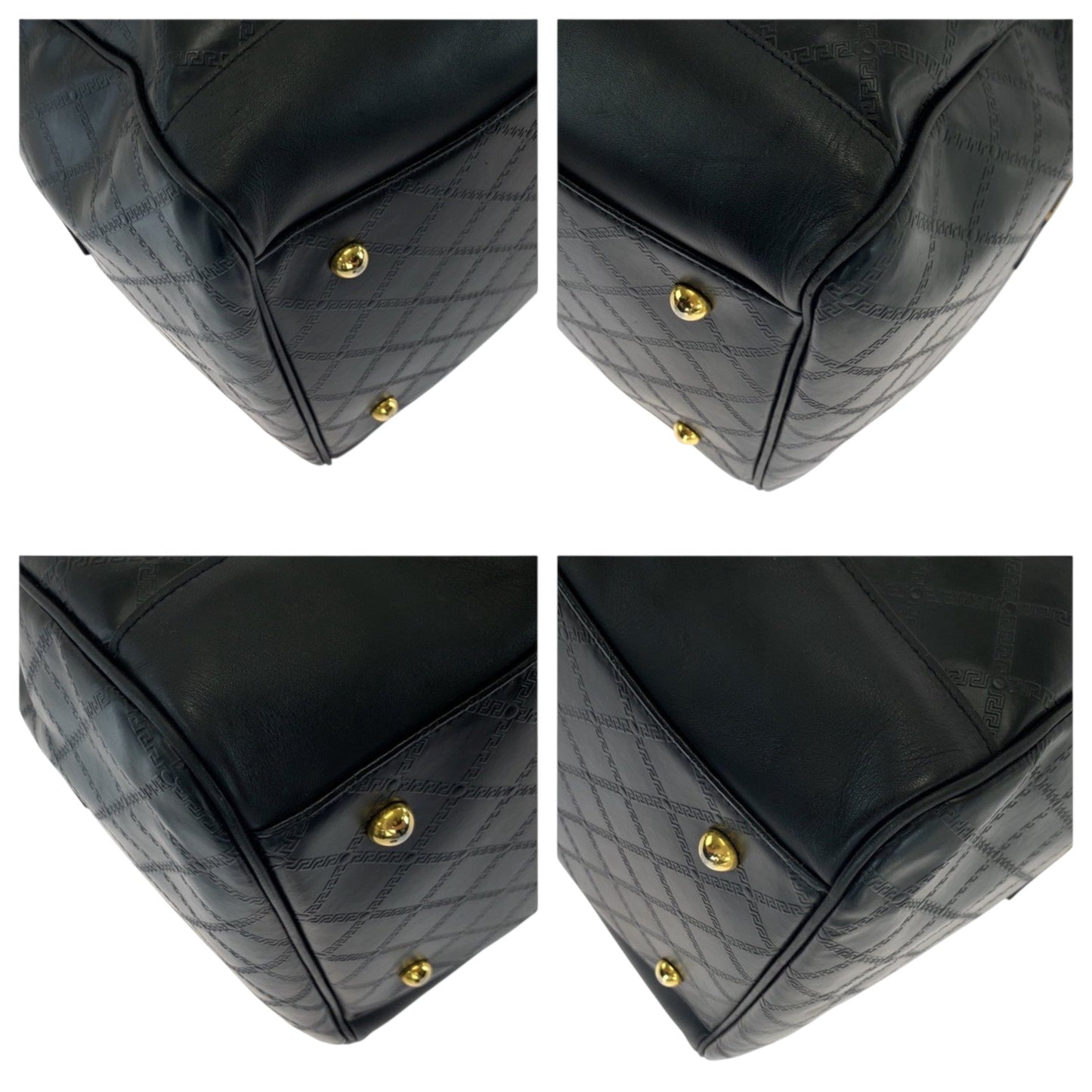 Versace Vintage Sunburst Black Gold Hardware Leather Boston Bag Handbag