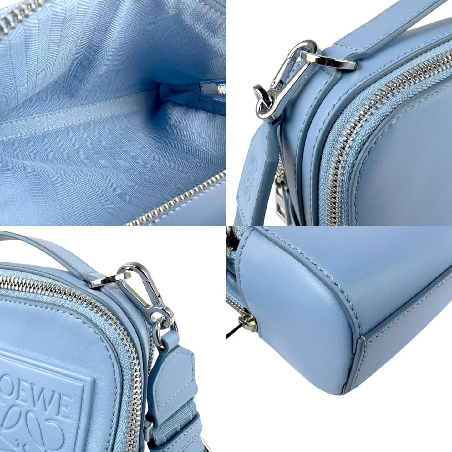 Loewe Shoulder Bag Crossbody Camera Mini Leather Blue Silver