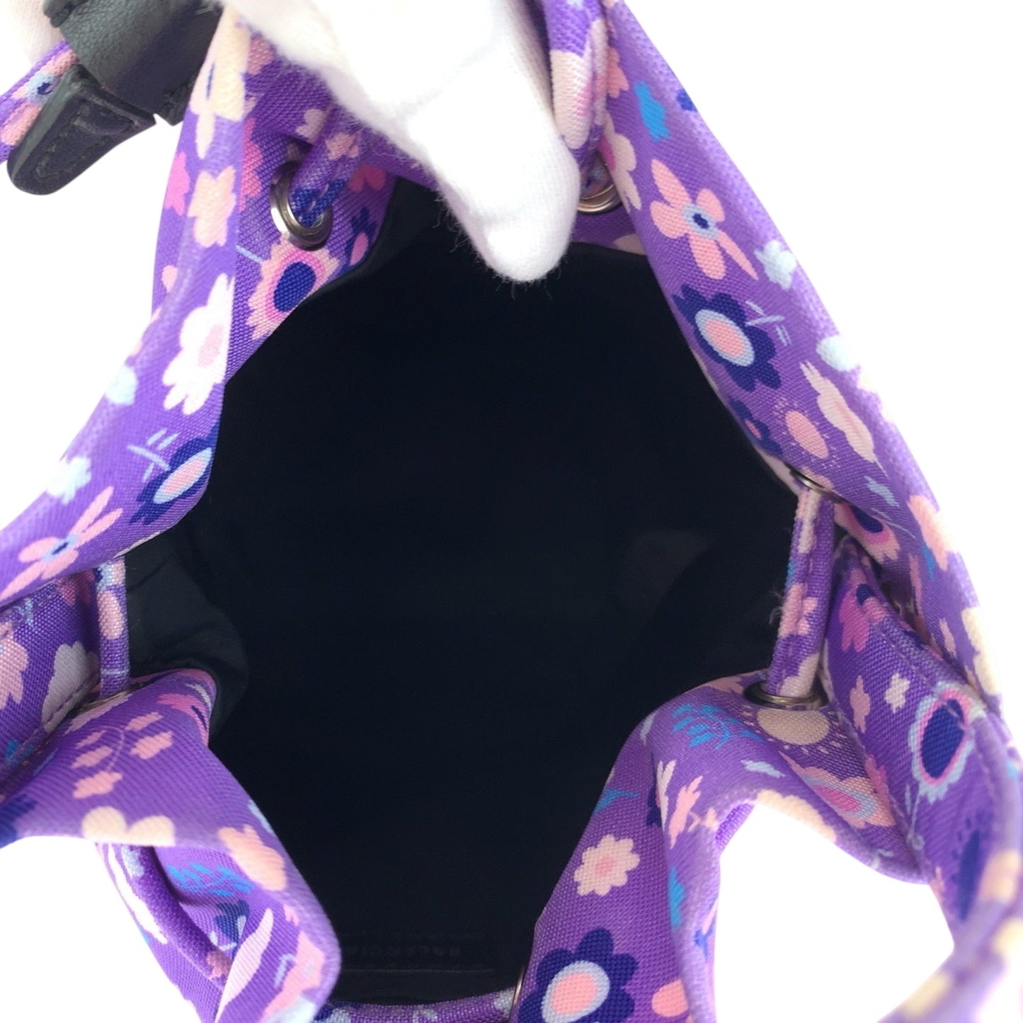 Balenciaga Drawstring Bucket Bag Flower Purple Multicolor Silver Hardware Ikat Nylon Canvas 656682