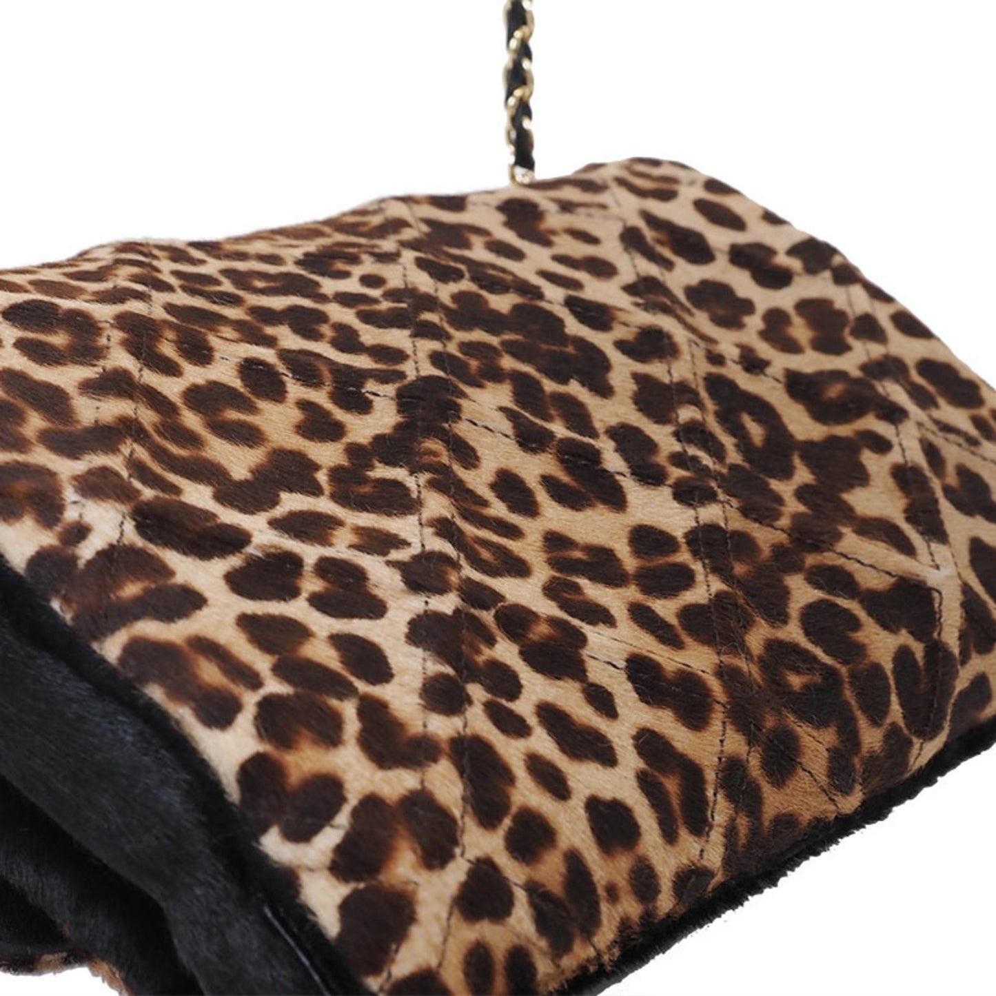 Salvatore Ferragamo Pony Leopard Print Vara Ribbon Chain Shoulder Bag Brown Au-21/E767