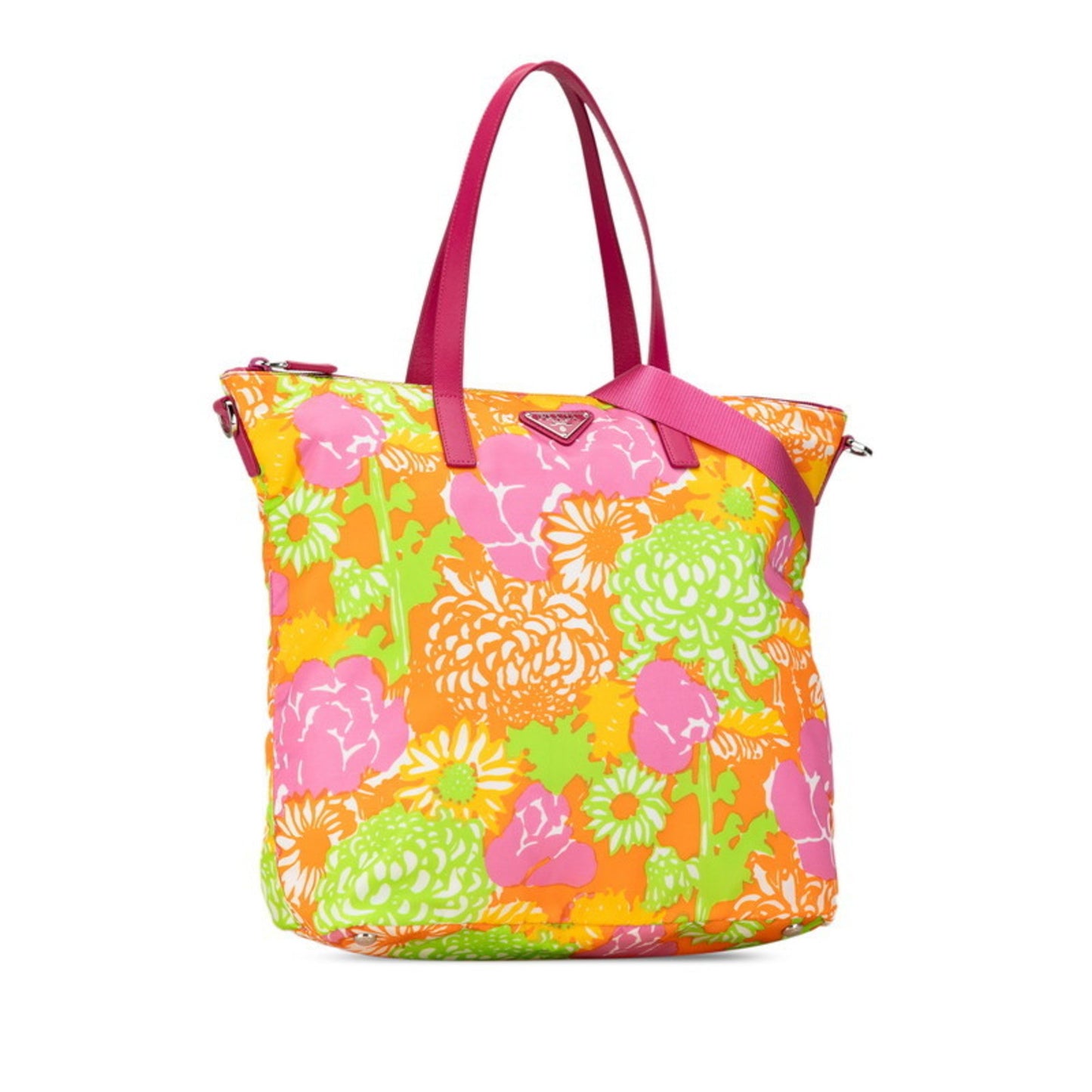 Prada Triangle Flower Motif Tote Bag Shoulder Pink Orange Multicolor Nylon Leather
