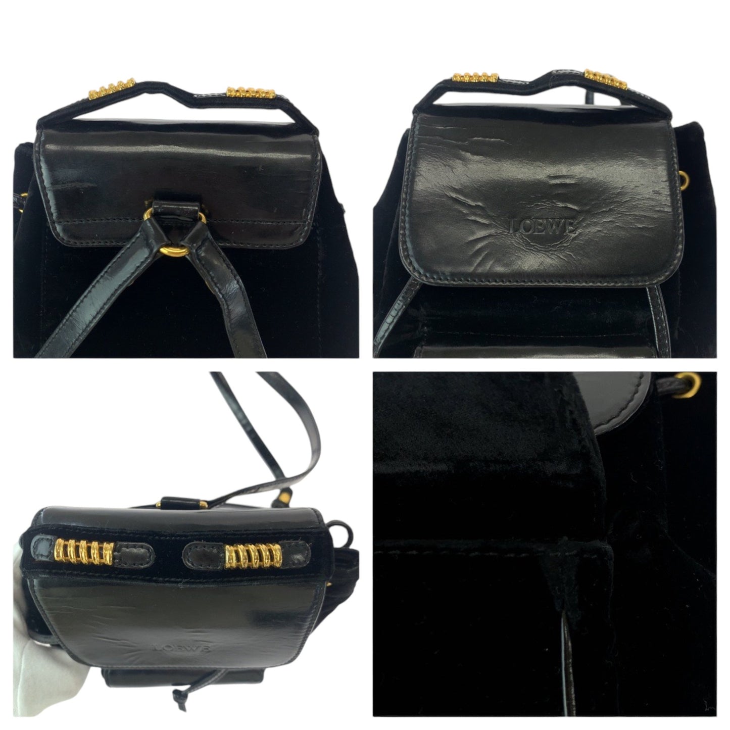 Loewe Vintage Velazquez Logo Black Gold Hardware Patent Leather Suede Backpack