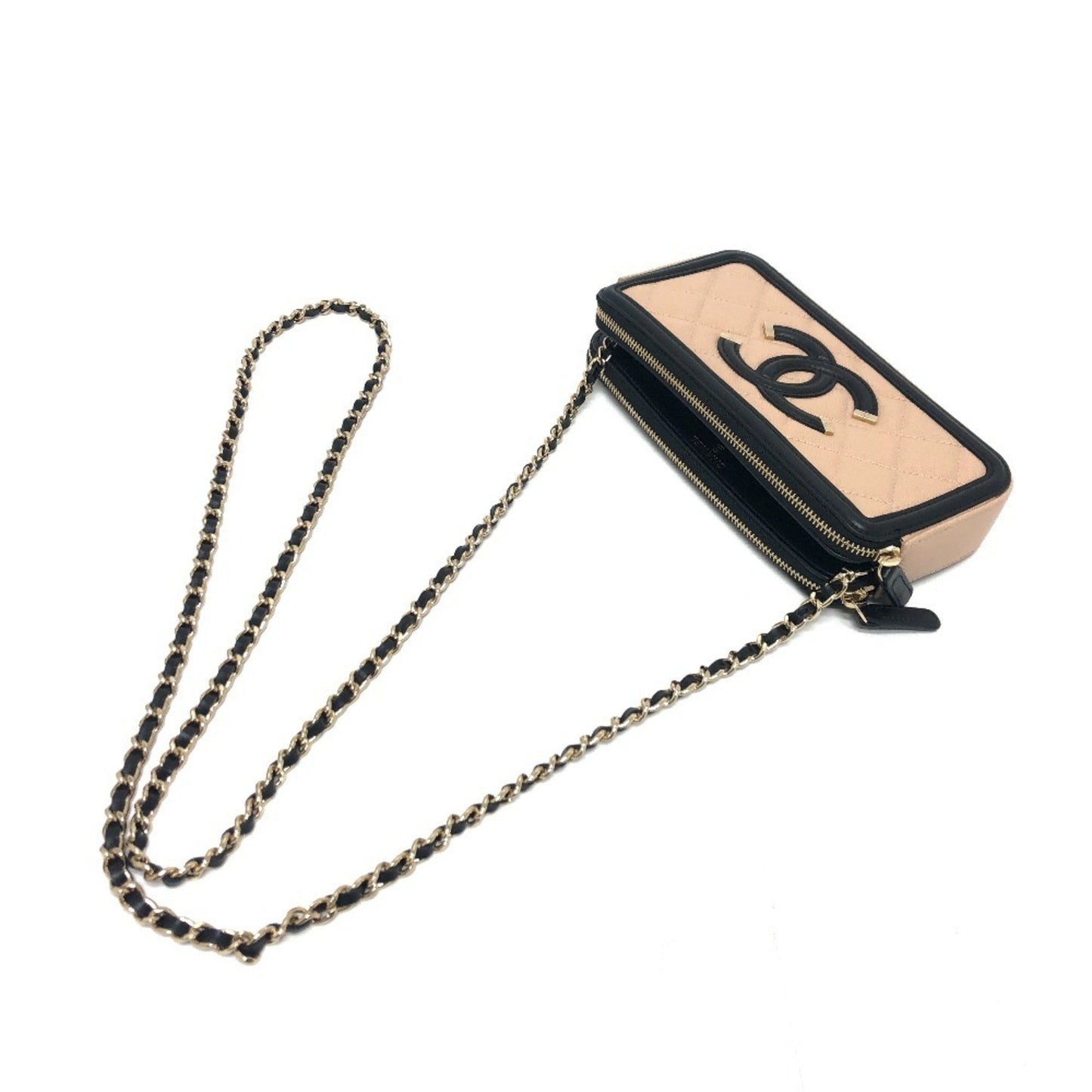 Chanel A84450 Cc Filigree Bicolor Wallet Long Chain Caviar Skin