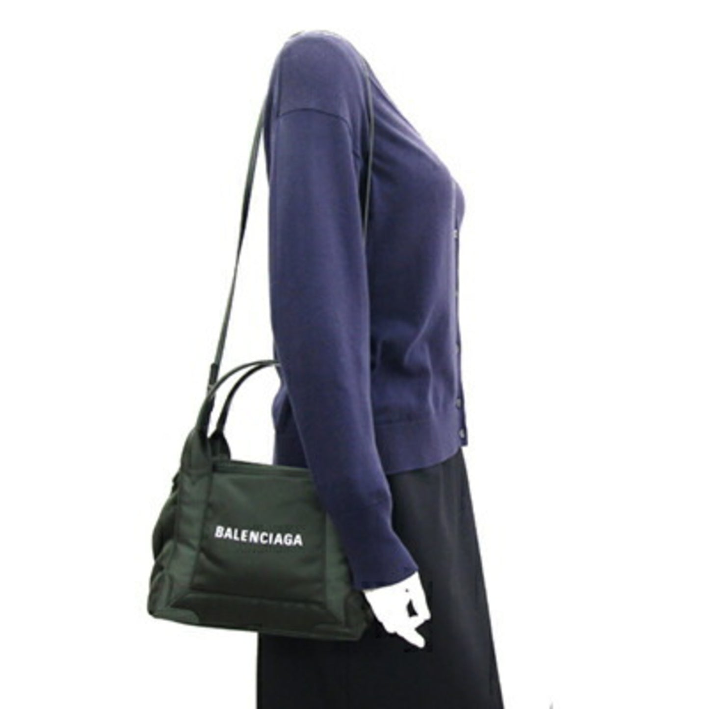 Balenciaga Handbag Navy Cabas Xs 390346 Khaki Green Nylon Leather Shoulder Bag