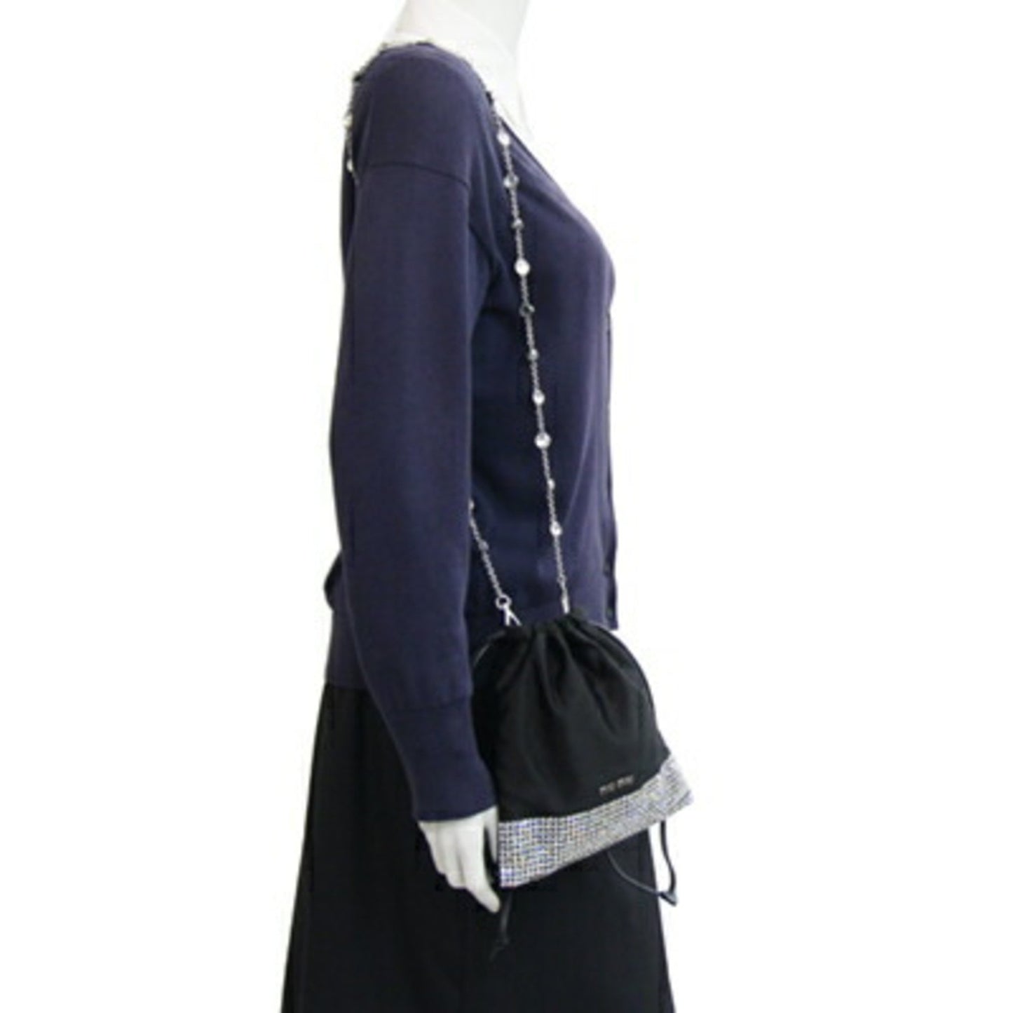 Miu Miu Miu Bag Black Satin Rhinestone Beads Chain Shoulder Pochette