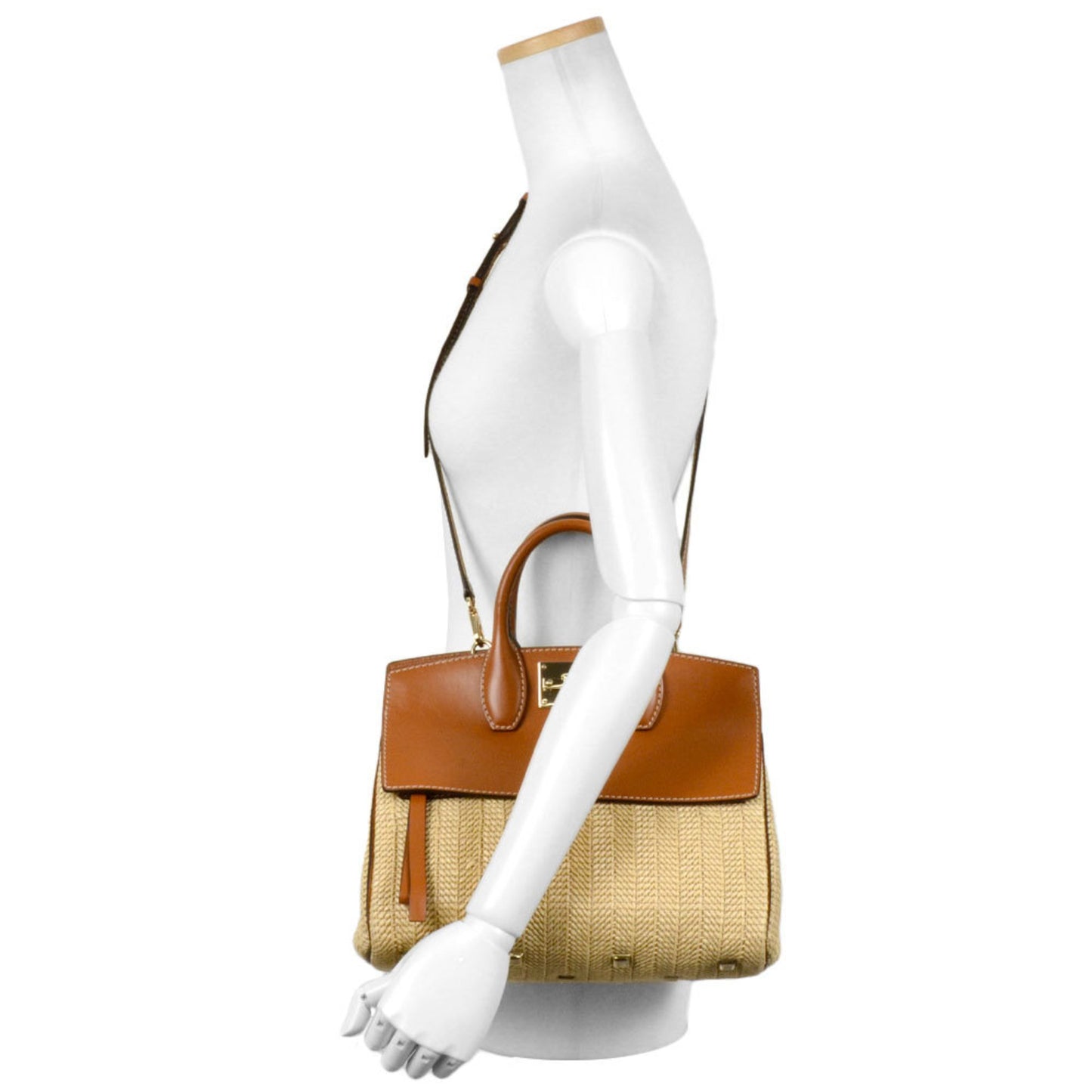 Salvatore Ferragamo Ferragamo Gancini Studio Bag Handbag Leather Raffia Dh-21 H539 Brown