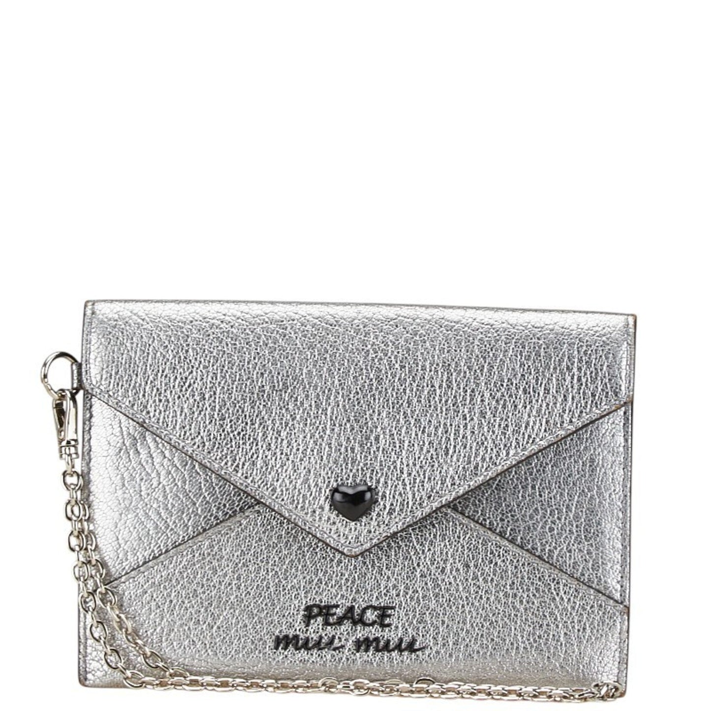 Miu Miu Miu Madras Love Peace Metallic Mini Wallet Pouch 5Mf01P Silver Black Leather