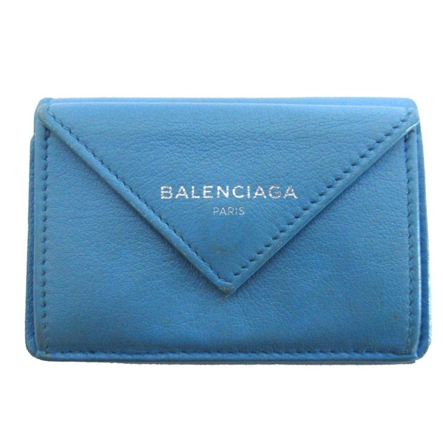 Balenciaga Paper Mini Leather Compact Wallet Tri-Fold Coin Purse Billfold Card Slot Blue