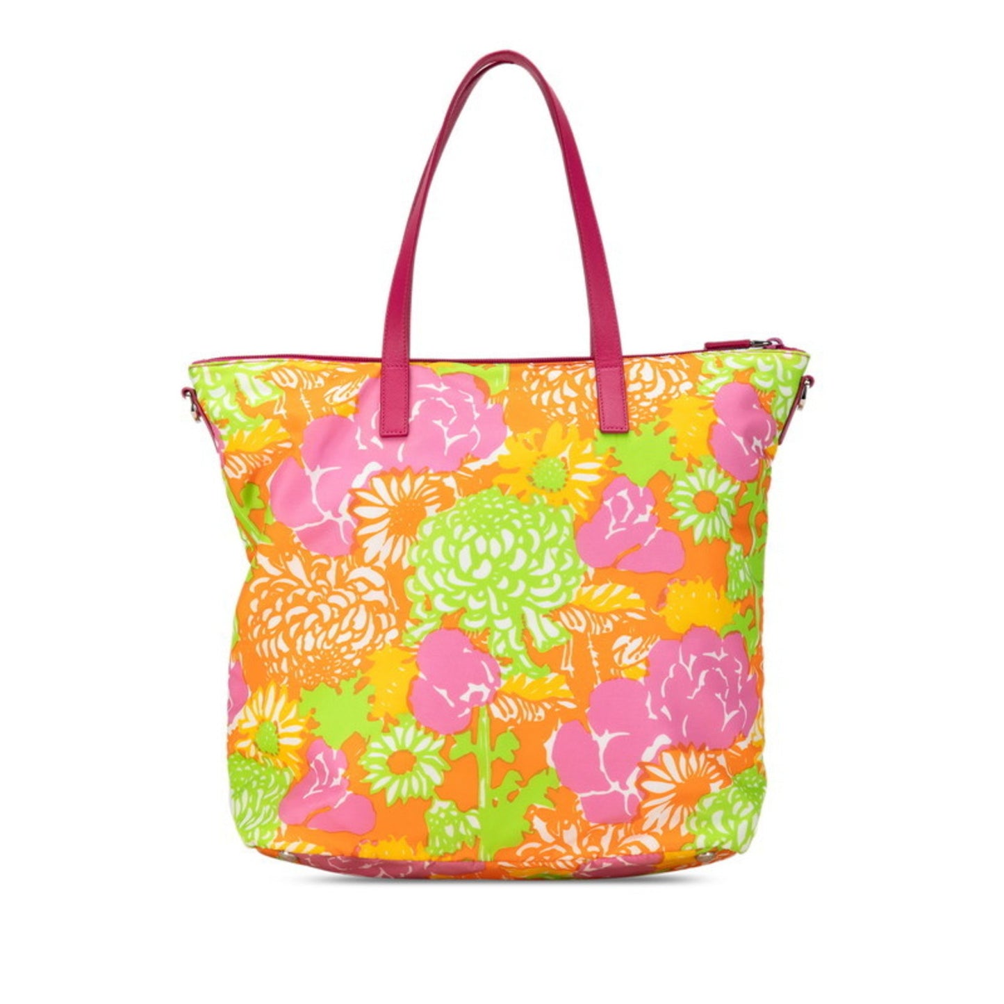 Prada Triangle Flower Motif Tote Bag Shoulder Pink Orange Multicolor Nylon Leather