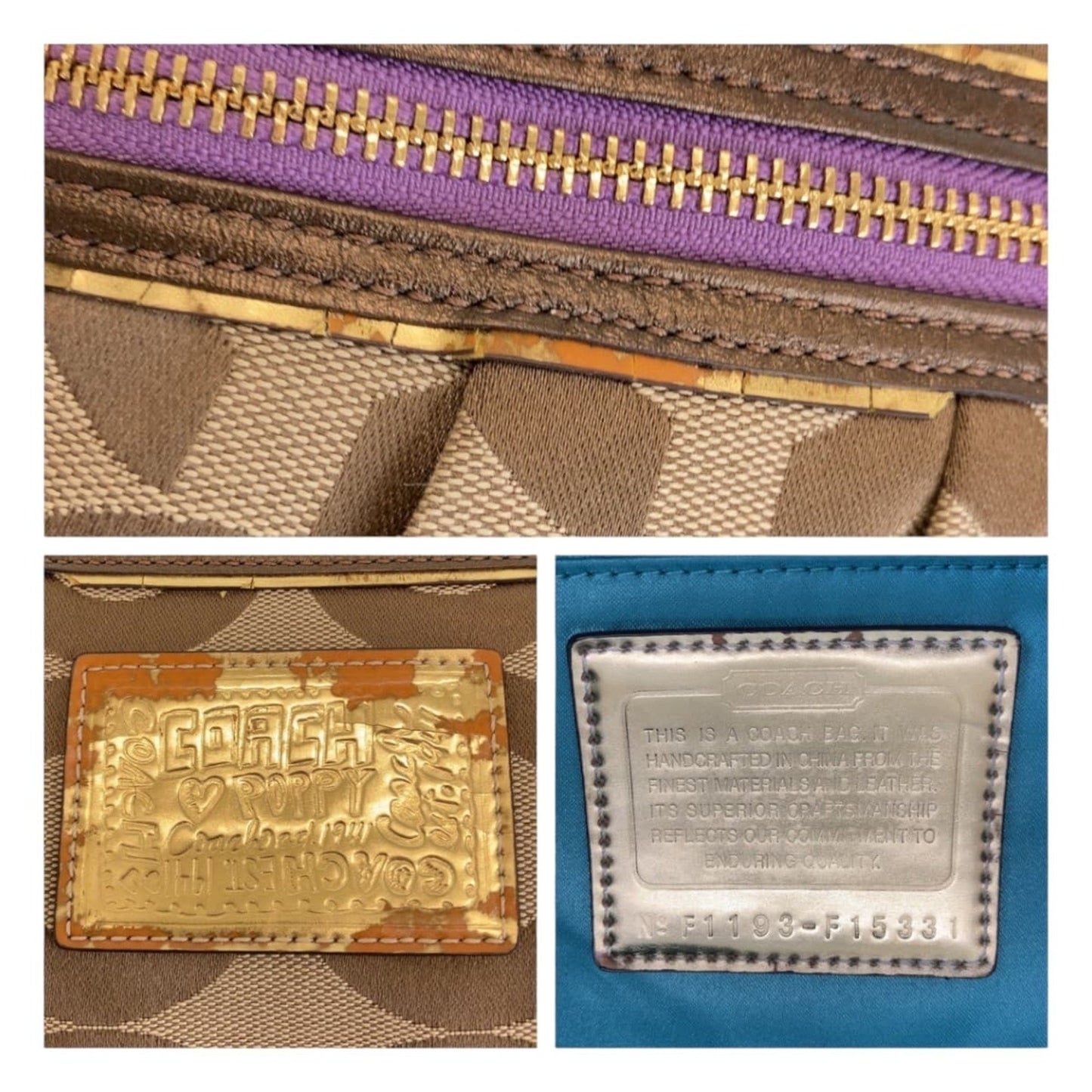 Coach Op Art Beige Purple Gold Hardware Canvas Tote Bag Shoulder