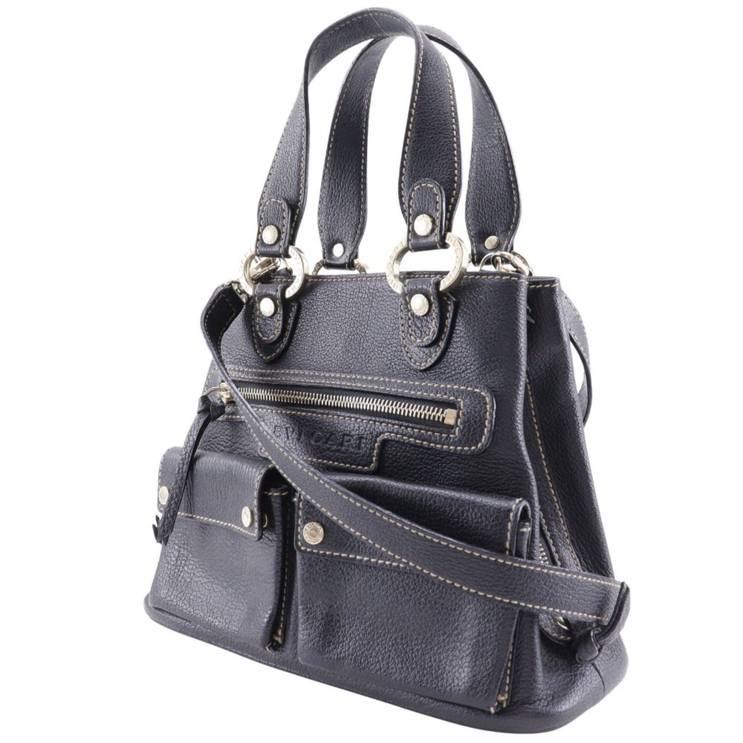 Bvlgari Maxi Rettale Handbag Shoulder Leather Black 2Way A5 Double