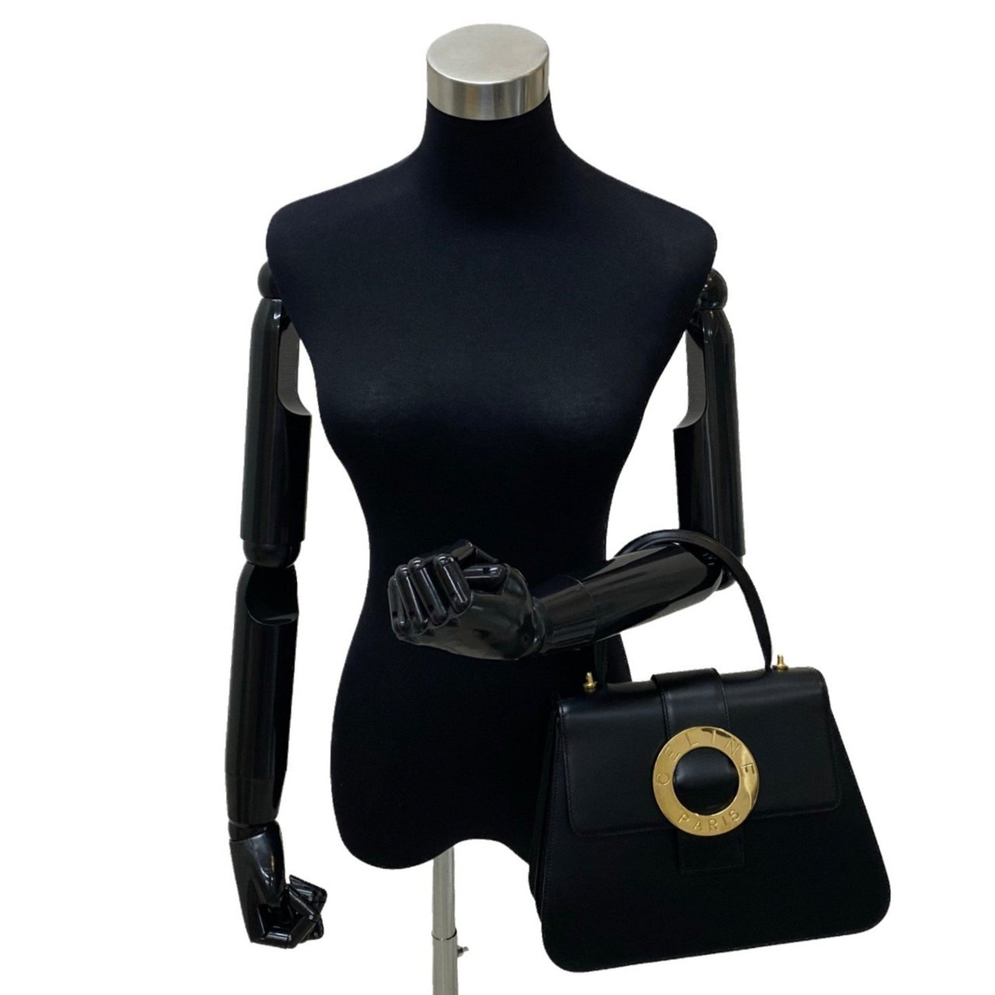 Celine Circle Logo Metal Fittings Calf Leather Genuine 2Way Shoulder Bag Handbag Black
