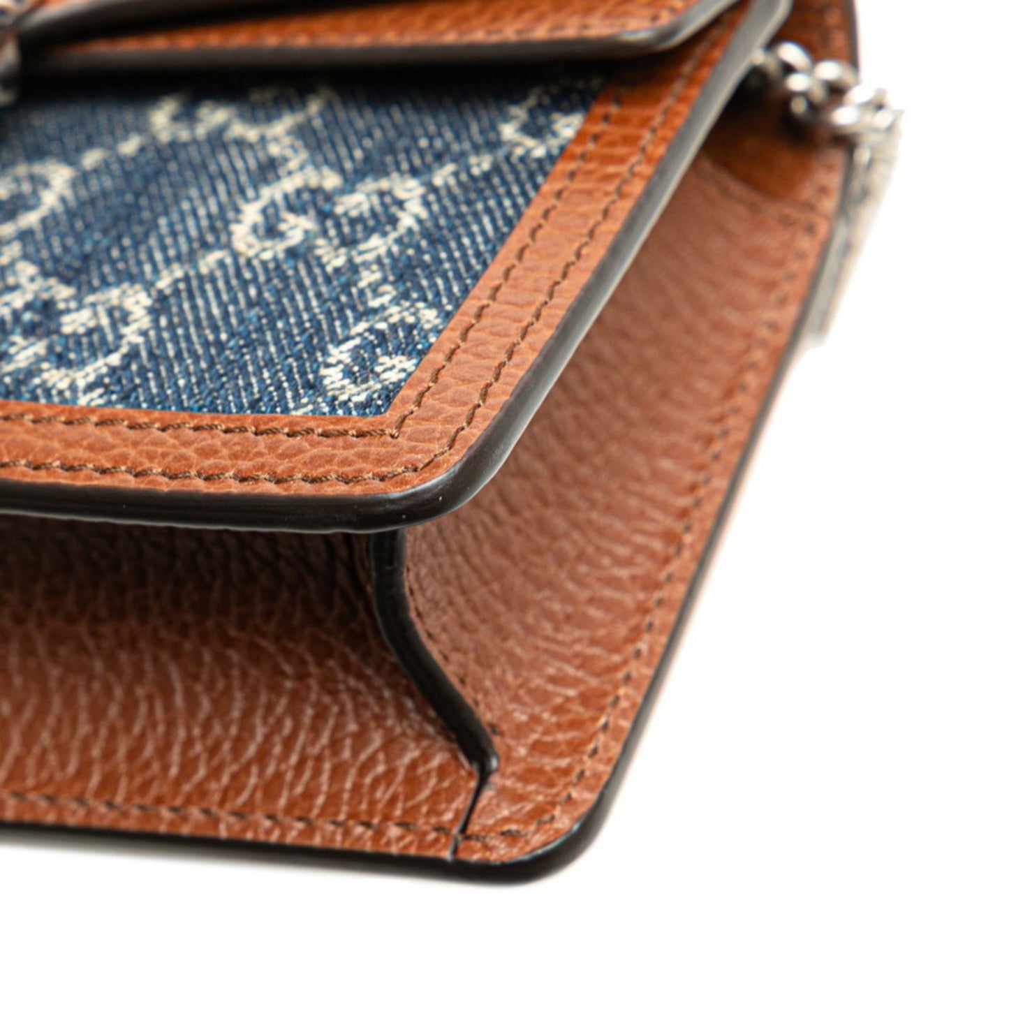 Gucci Gg Denim Dionysus Super Mini Bag Crossbody Chain Shoulder 476432 Indigo Blue Brown Leather