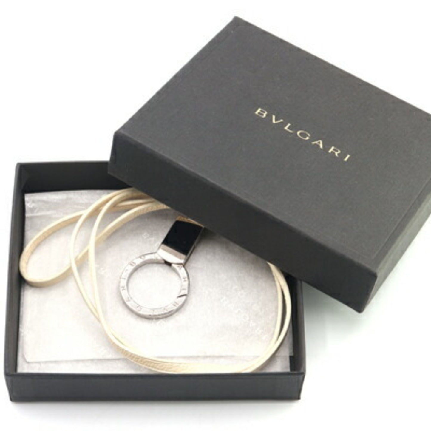 Bvlgari B.Zero1 Neck Strap Keychain 22170 Ivory Silver Leather Metal Key Ring