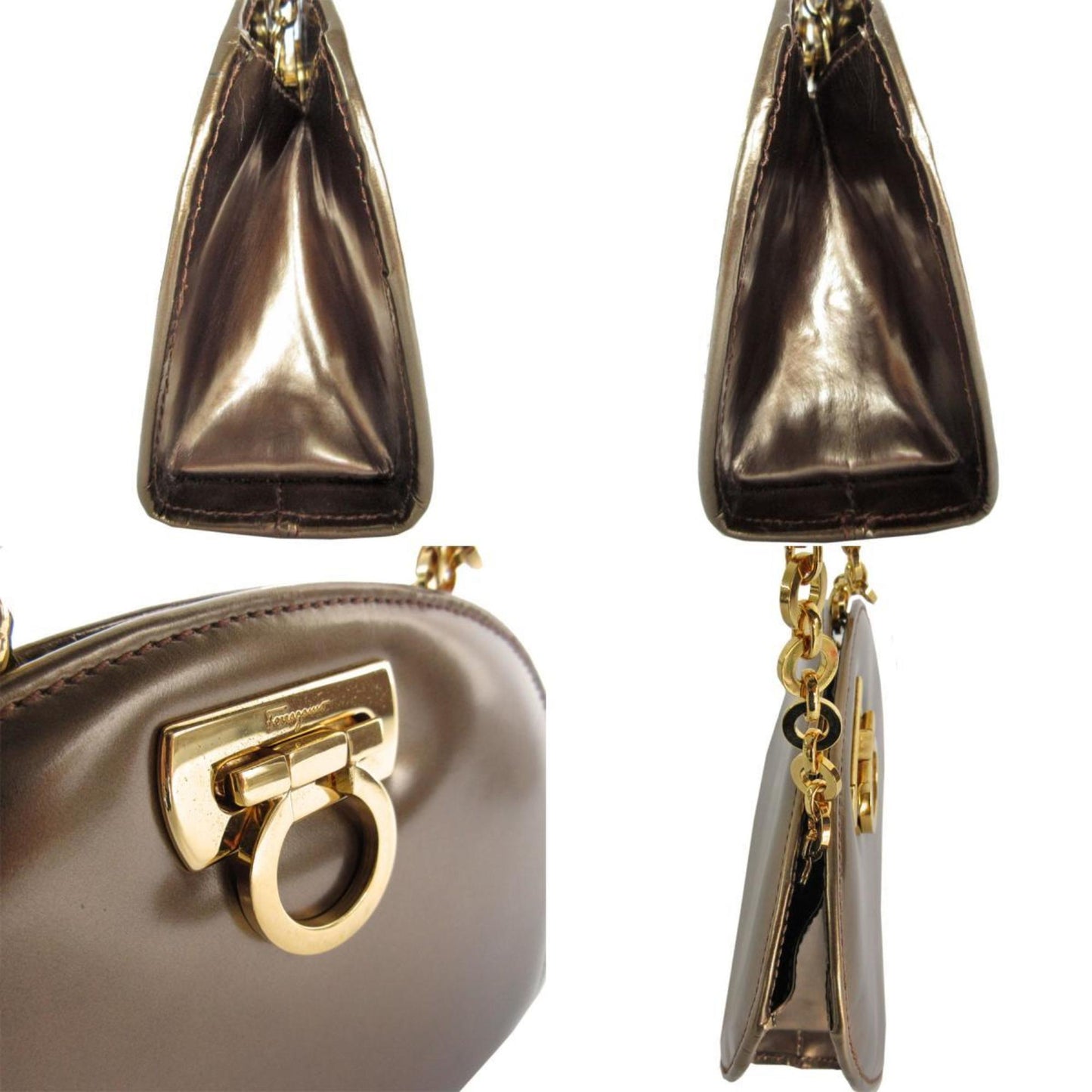 Salvatore Ferragamo Shoulder Bag Gancini Leather Bronze Gold