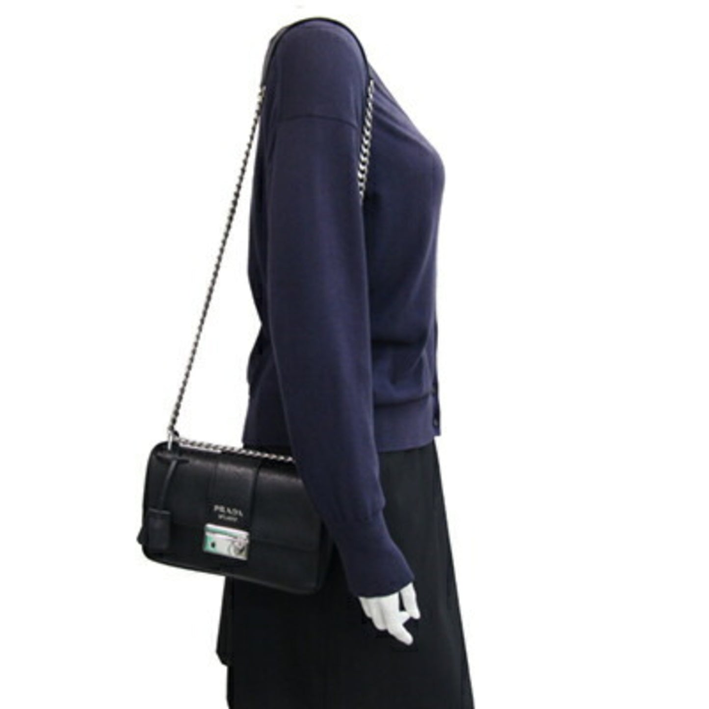 Prada Shoulder Bag 1Bd298 Black Leather Saffiano Chain Crossbody