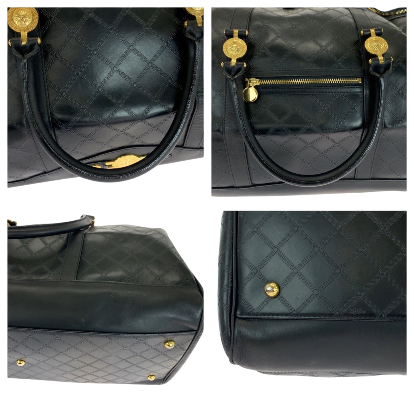 Versace Vintage Sunburst Black Gold Hardware Leather Boston Bag Handbag