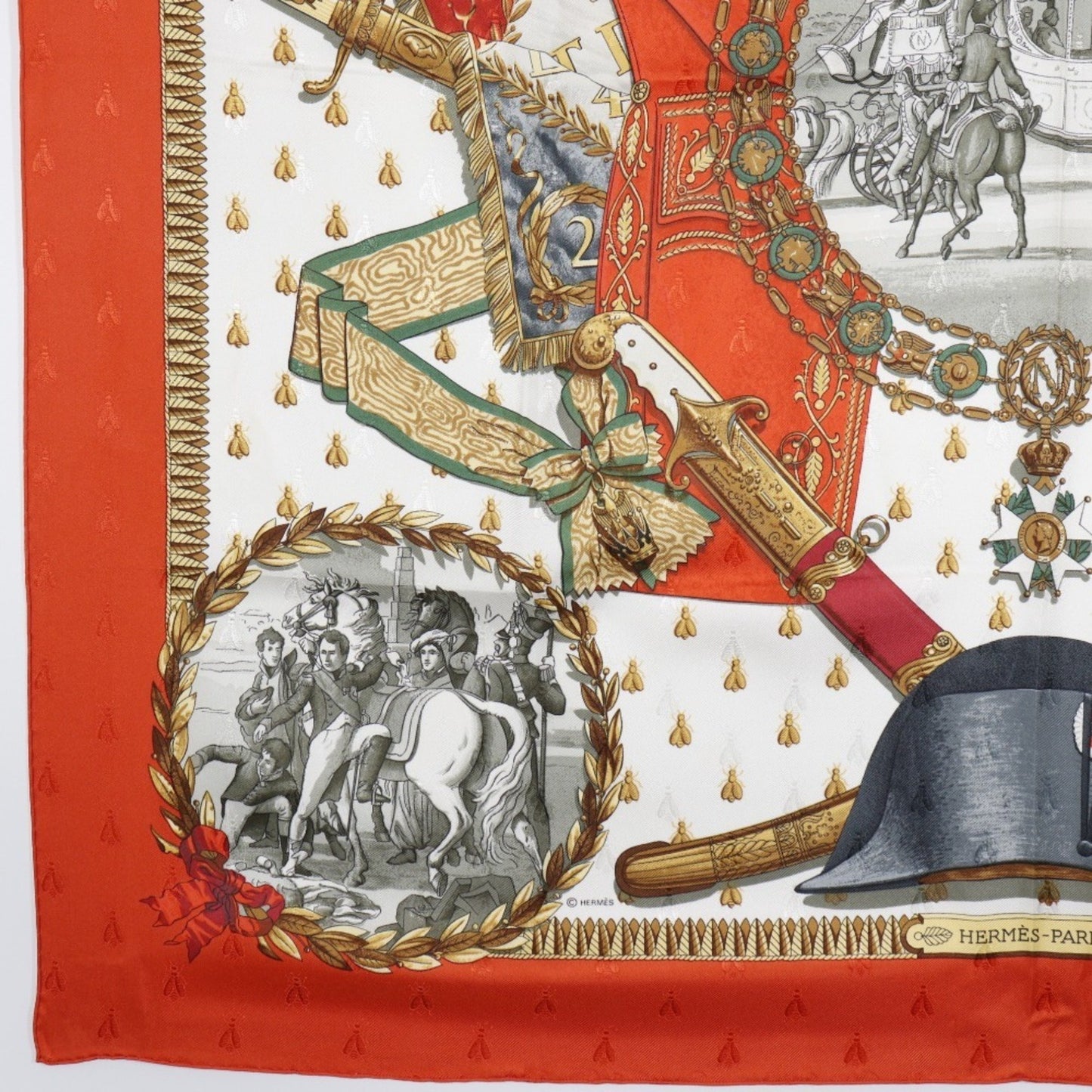 Hermes Carree90 Scarf Muffler Napoleon Silk White/Orange