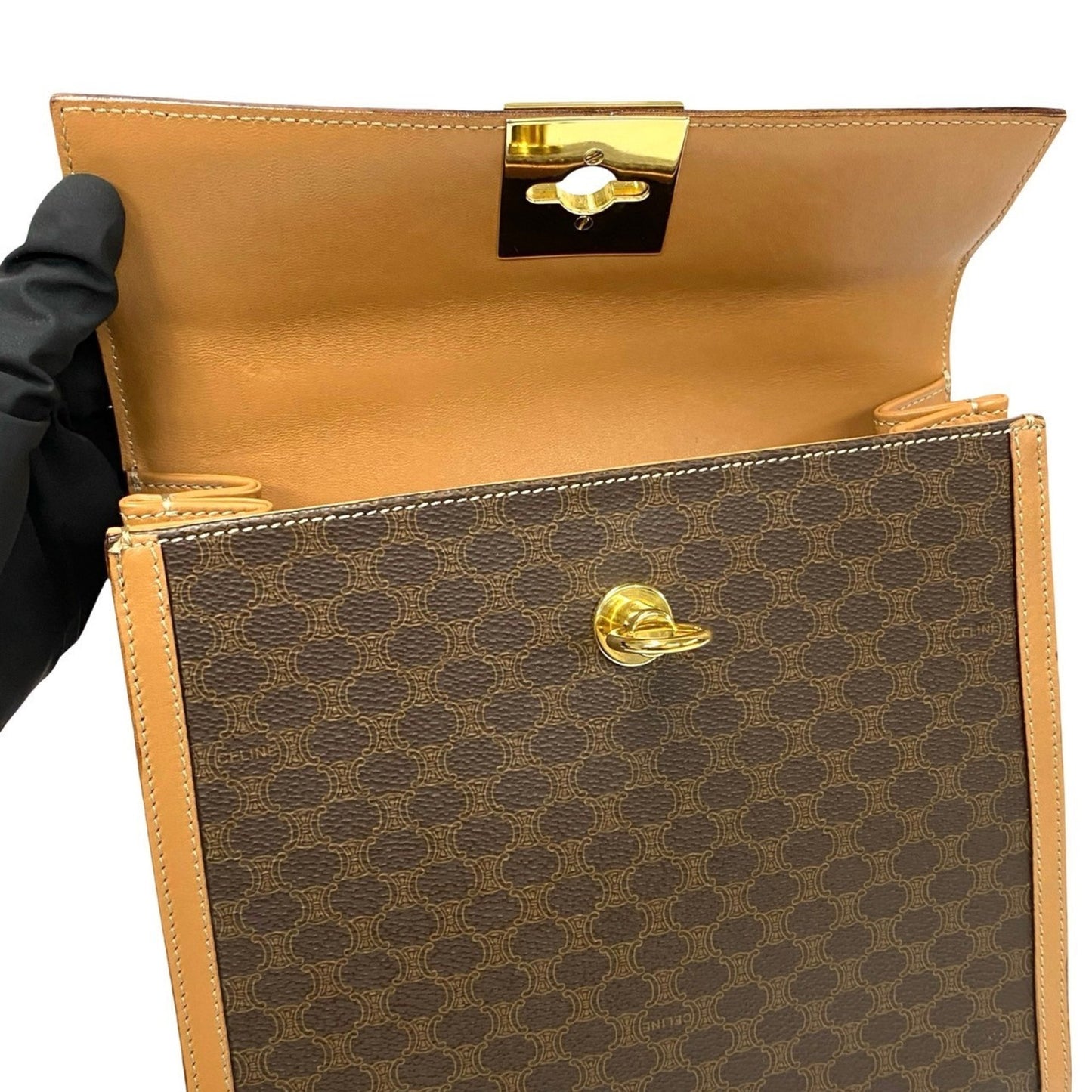Celine Macadam Blason Triomphe Print Logo Ring Hardware Leather 2-Way Handbag/Shoulder Bag Brown