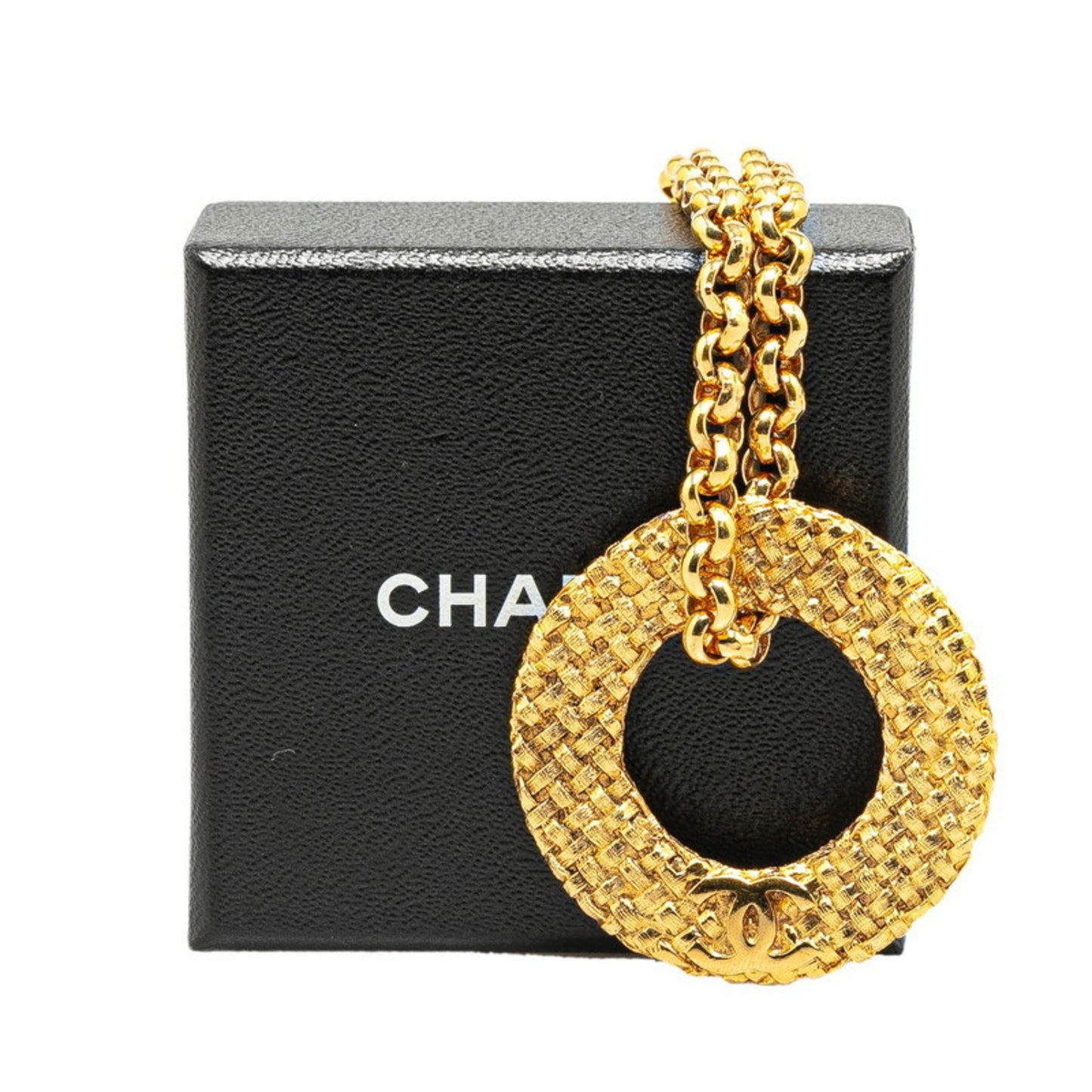 Chanel Coco Mark Chain Circle Pendant Necklace Gold Plated