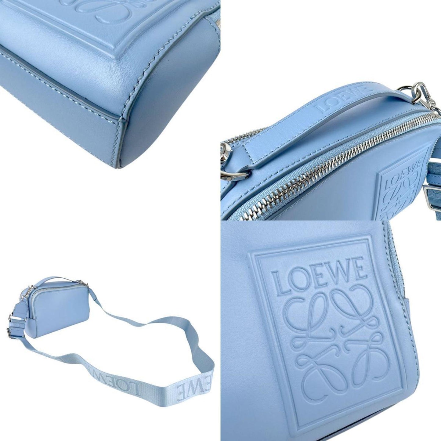 Loewe Shoulder Bag Crossbody Camera Mini Leather Blue Silver