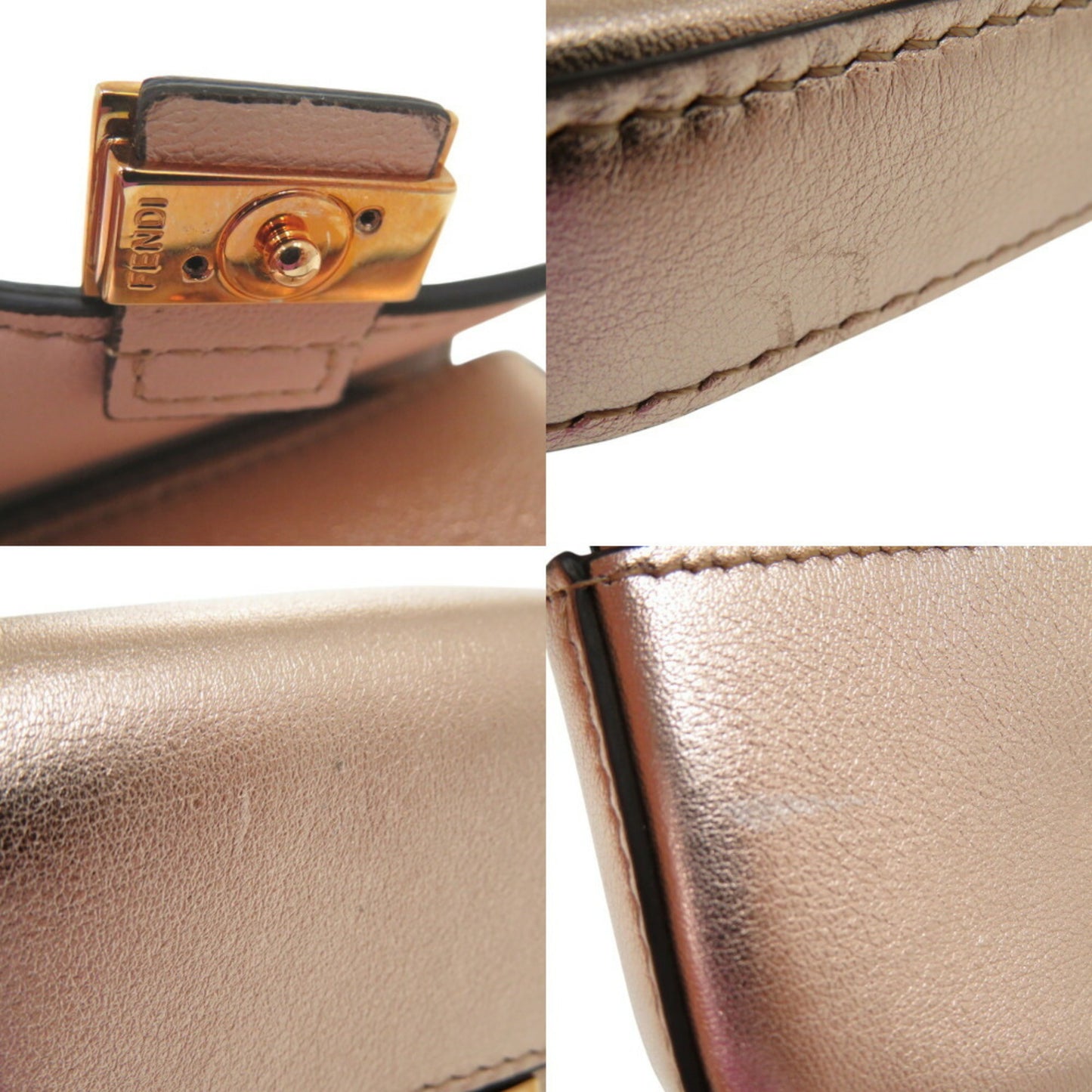 Fendi Nano Baguette Charm Chain Shoulder Pouch Mini Pochette Metallic Leather Pink Gold 0070Fendi