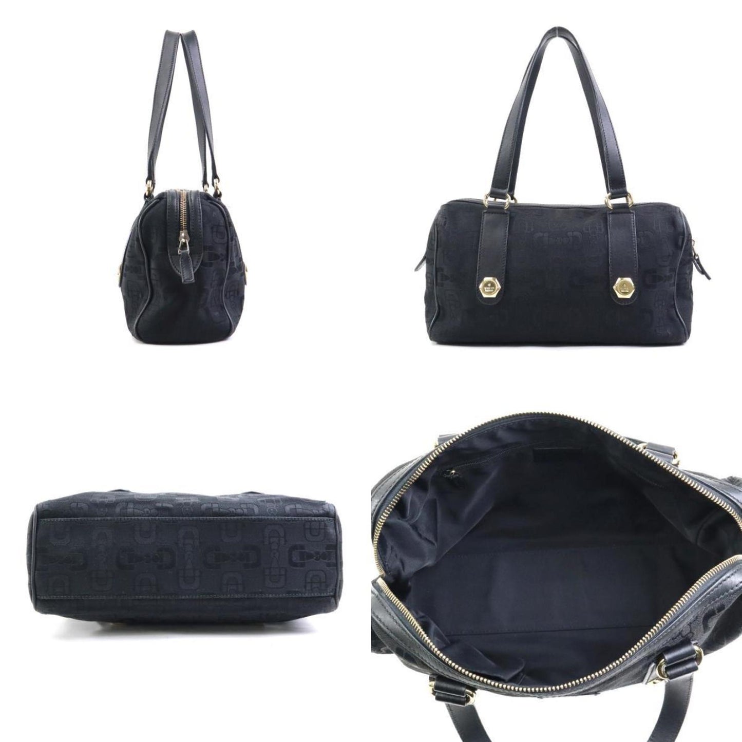 Gucci Handbag Canvas Leather Black Gold