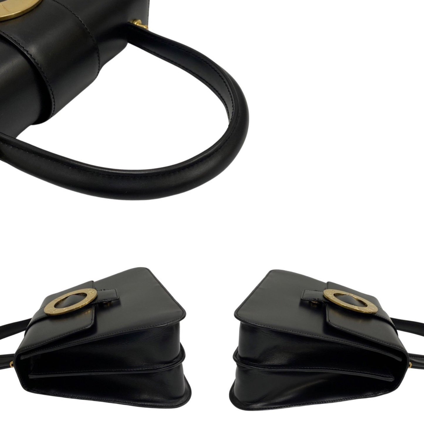 Celine Circle Logo Metal Fittings Calf Leather Genuine 2Way Shoulder Bag Handbag Black