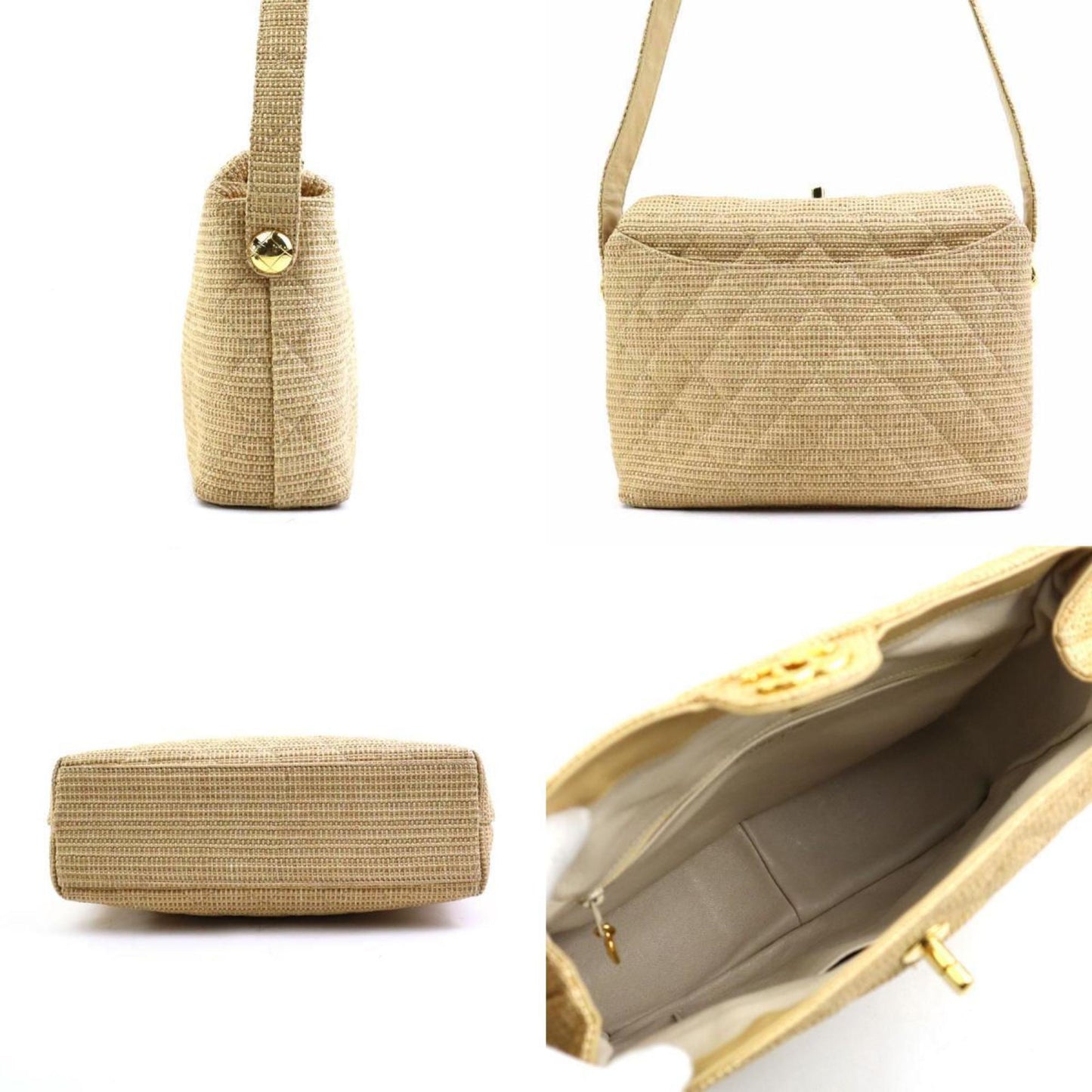 Chanel Shoulder Bag Raffia Beige Gold
